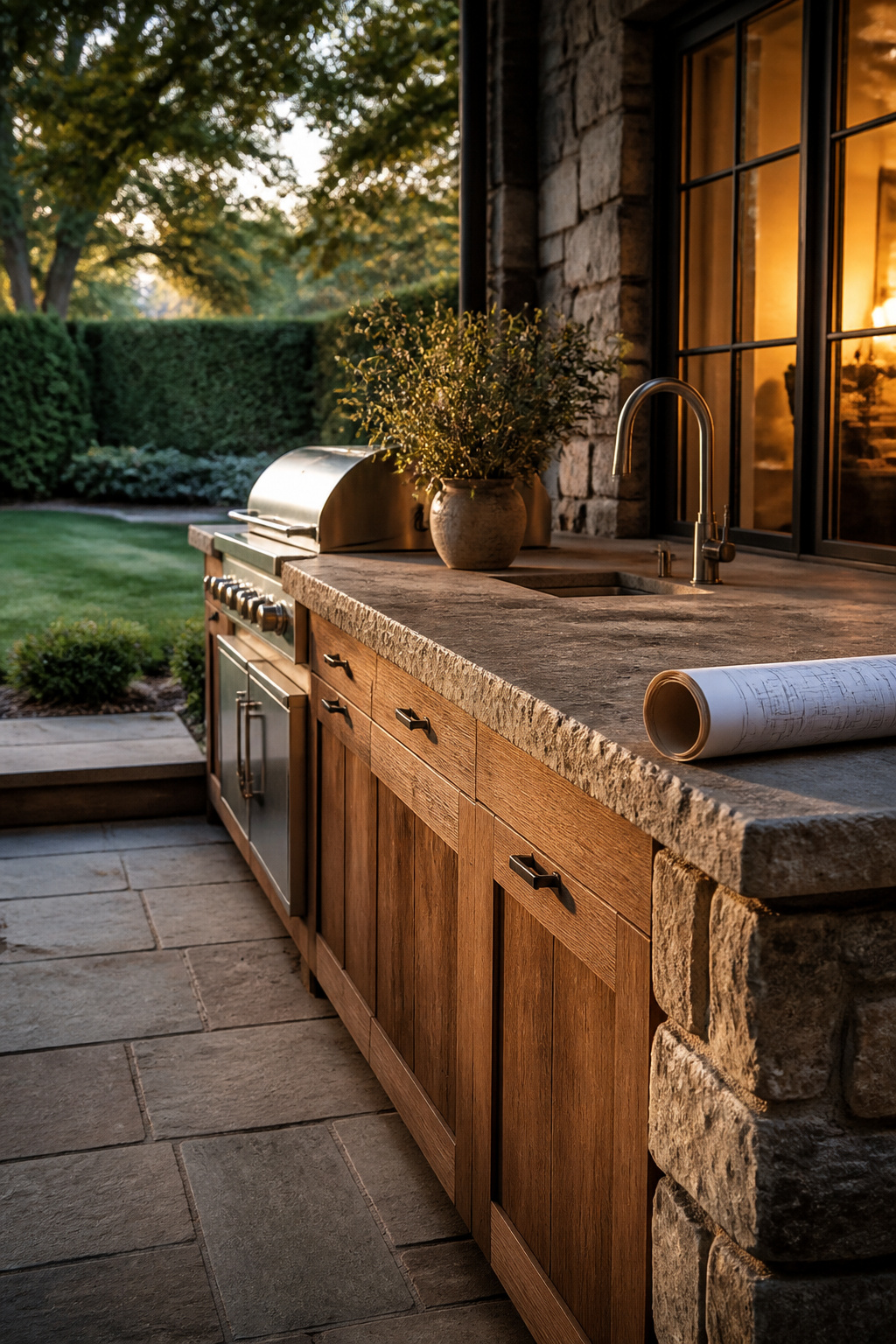 Empty outdoor kitchen patio corner with a blueprint on the counter, representing a layout being replanned