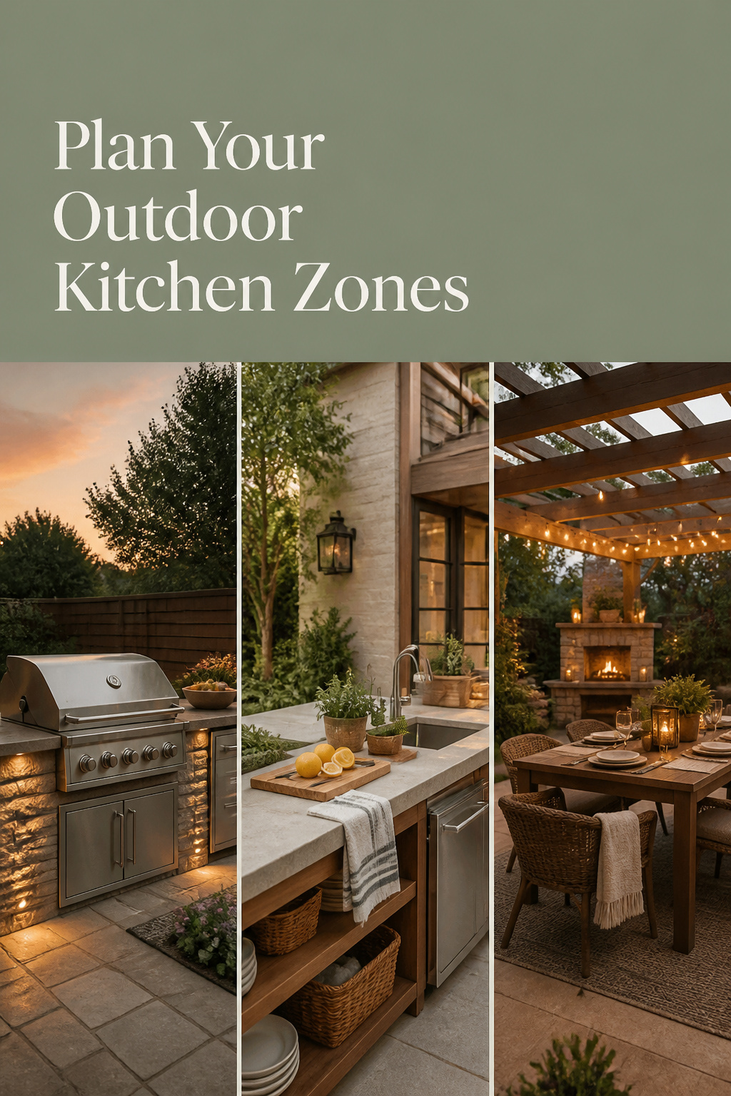 Pinterest collage showing outdoor kitchen prep, cook and entertaining zones with layout tips
