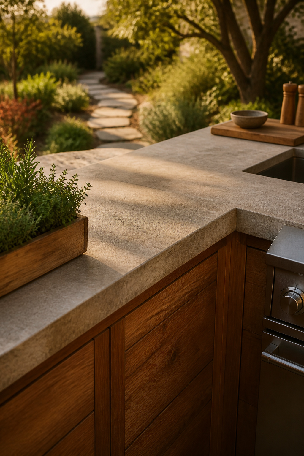 L-shaped outdoor kitchen layout with a corner prep hub separating the grill and sink zones