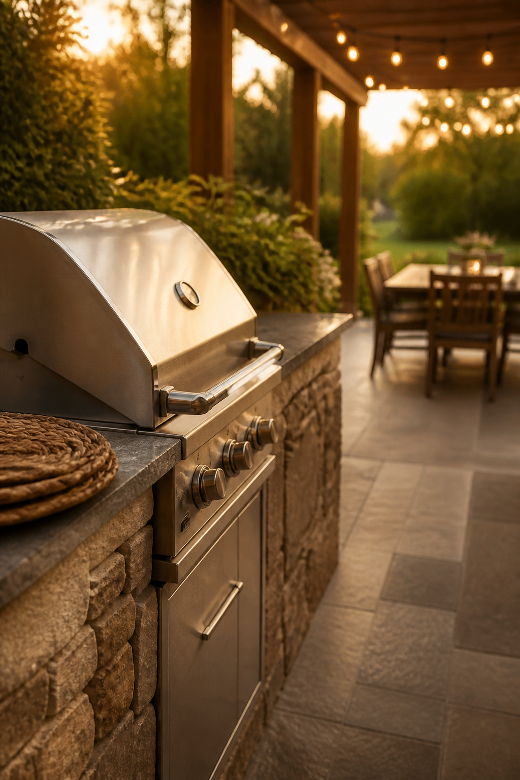 Outdoor grill station positioned away from a shaded dining area to keep smoke clear of guests