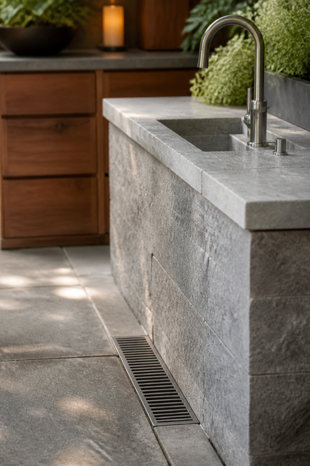 Outdoor kitchen sink surround in honed stone with a floor drain grate set into the patio
