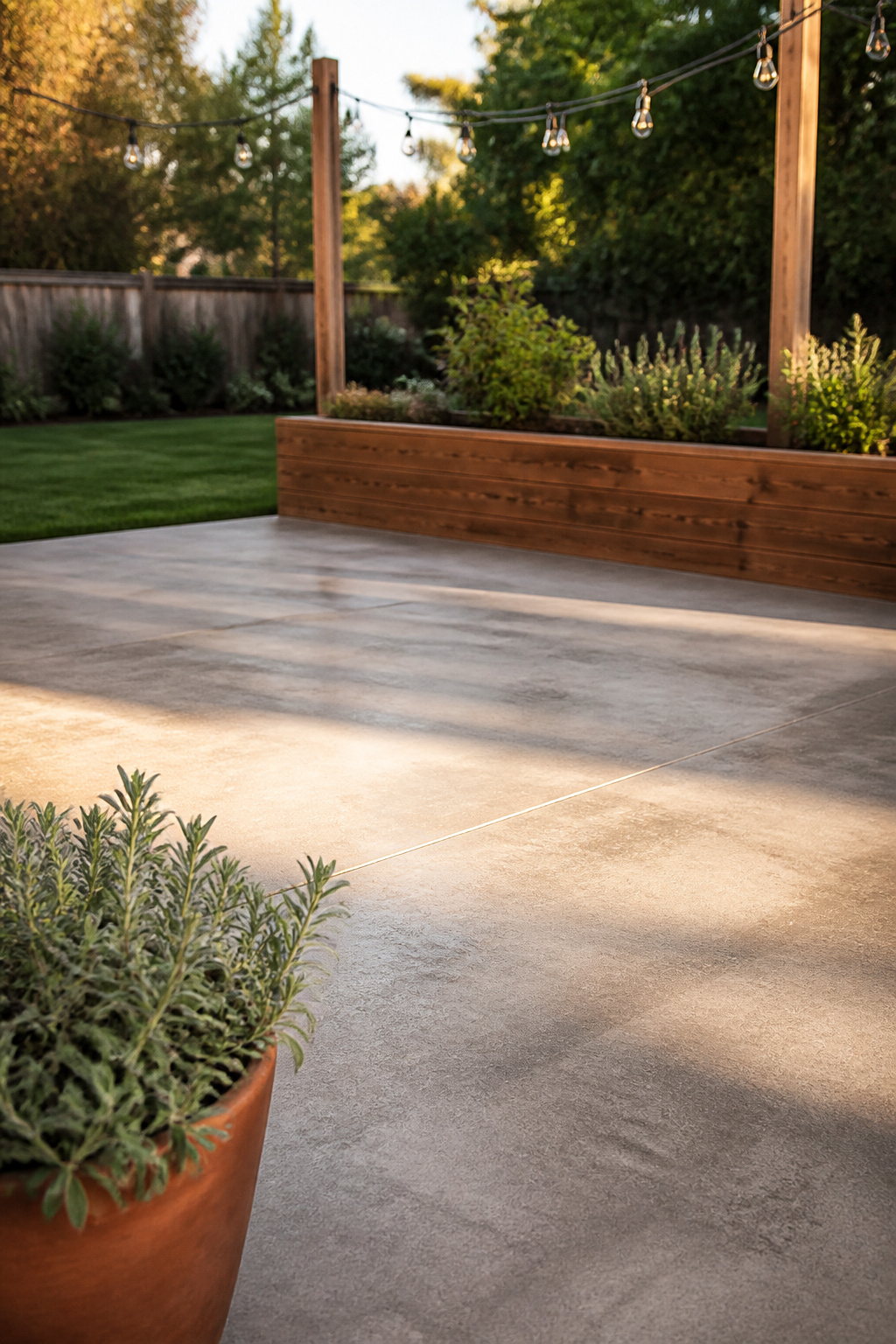 Empty concrete patio slab with cedar planter marking the footprint for a future outdoor kitchen