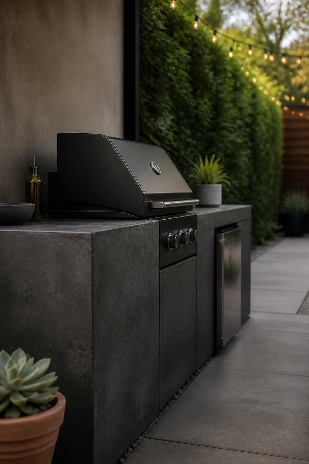 Compact single-run outdoor kitchen with charcoal concrete counter, built-in grill and slim integrated fridge