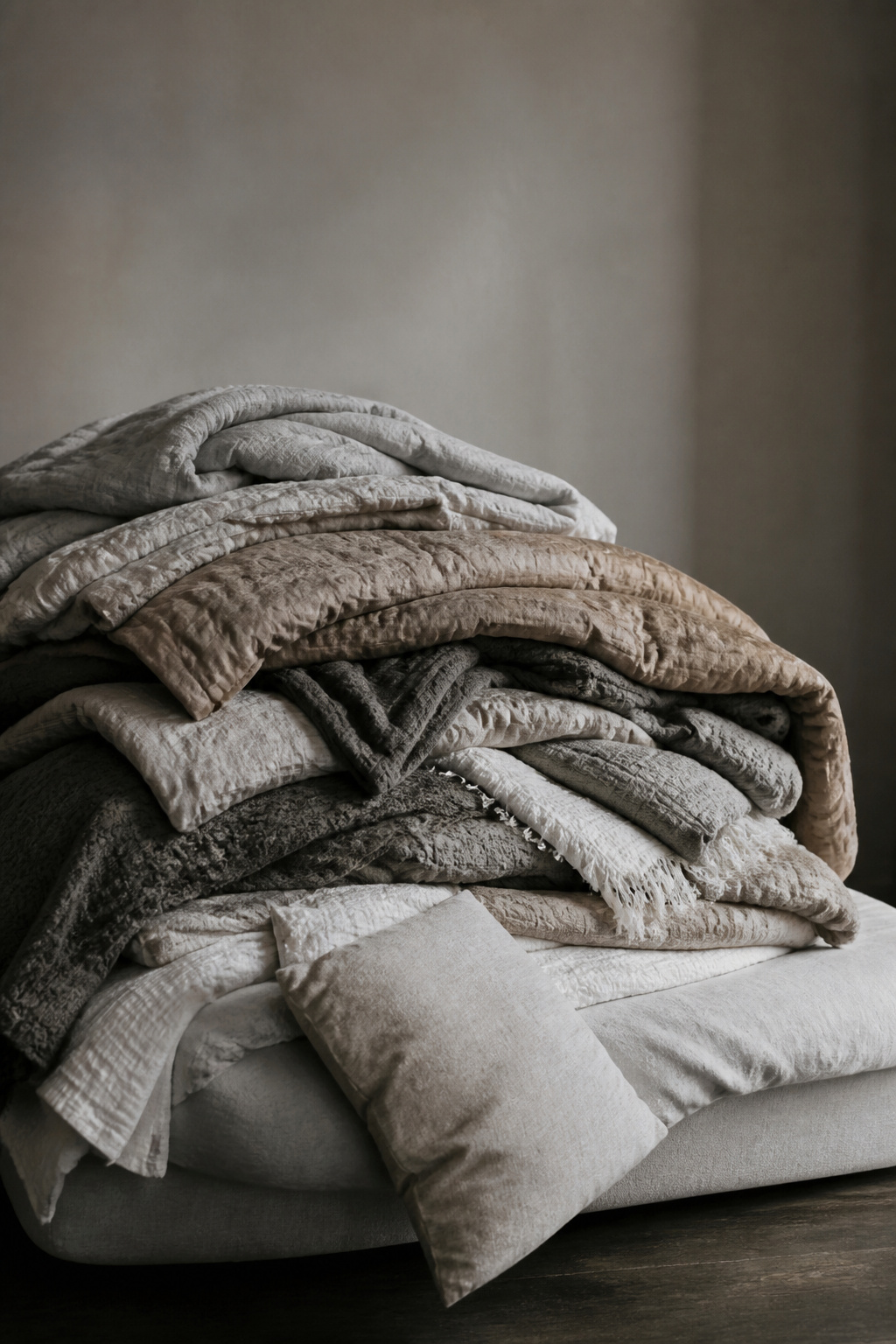 A bed piled with too many overlapping blankets and throws, illustrating an overloaded, overheated bedding stack