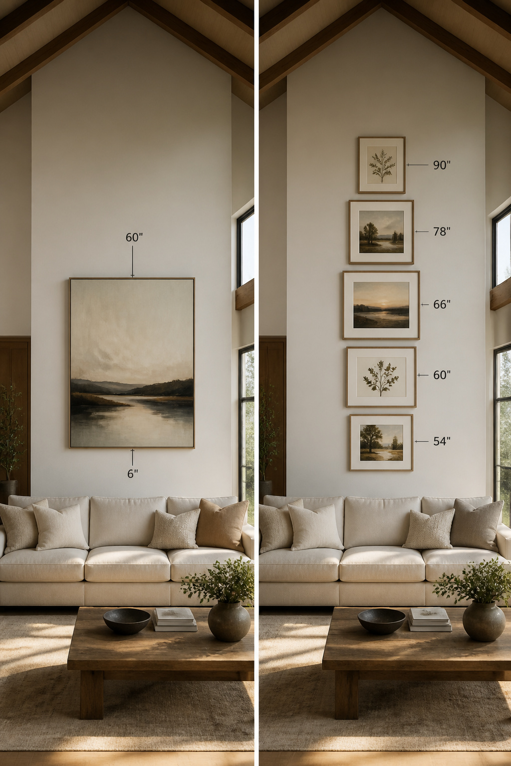 Comparison of oversized single canvas versus vertical gallery grouping on a vaulted 12-foot wall showing both approaches scaled correctly for height