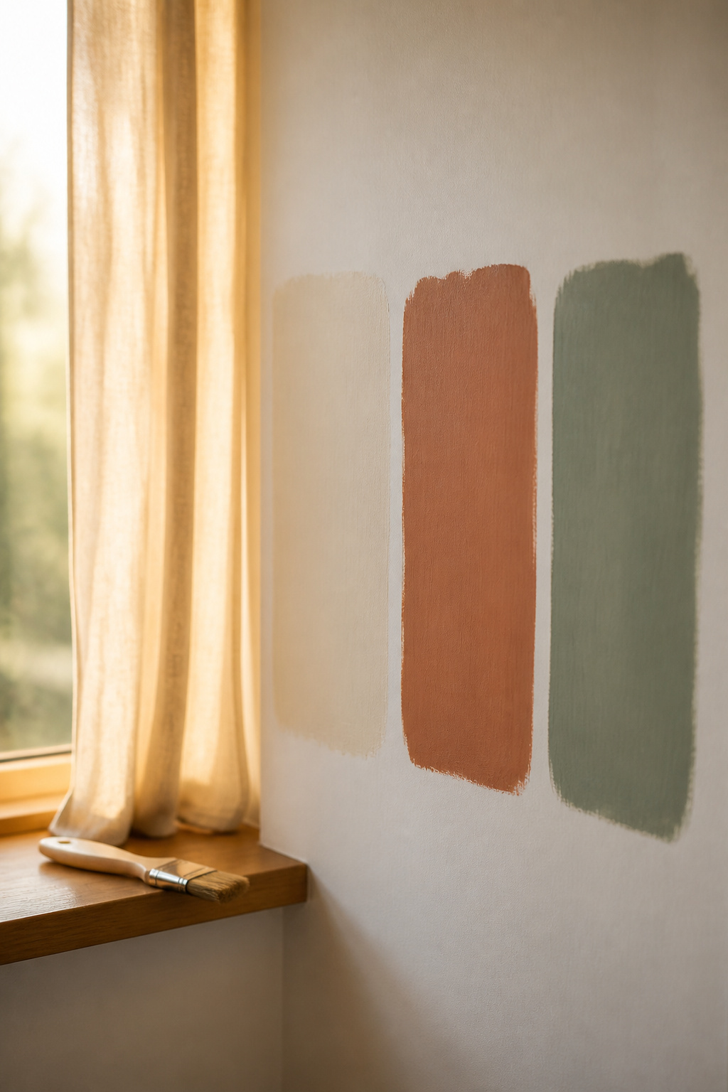 Three large painted swatches of warm white, terracotta and sage tested directly on a bedroom wall beside a linen curtain in daylight