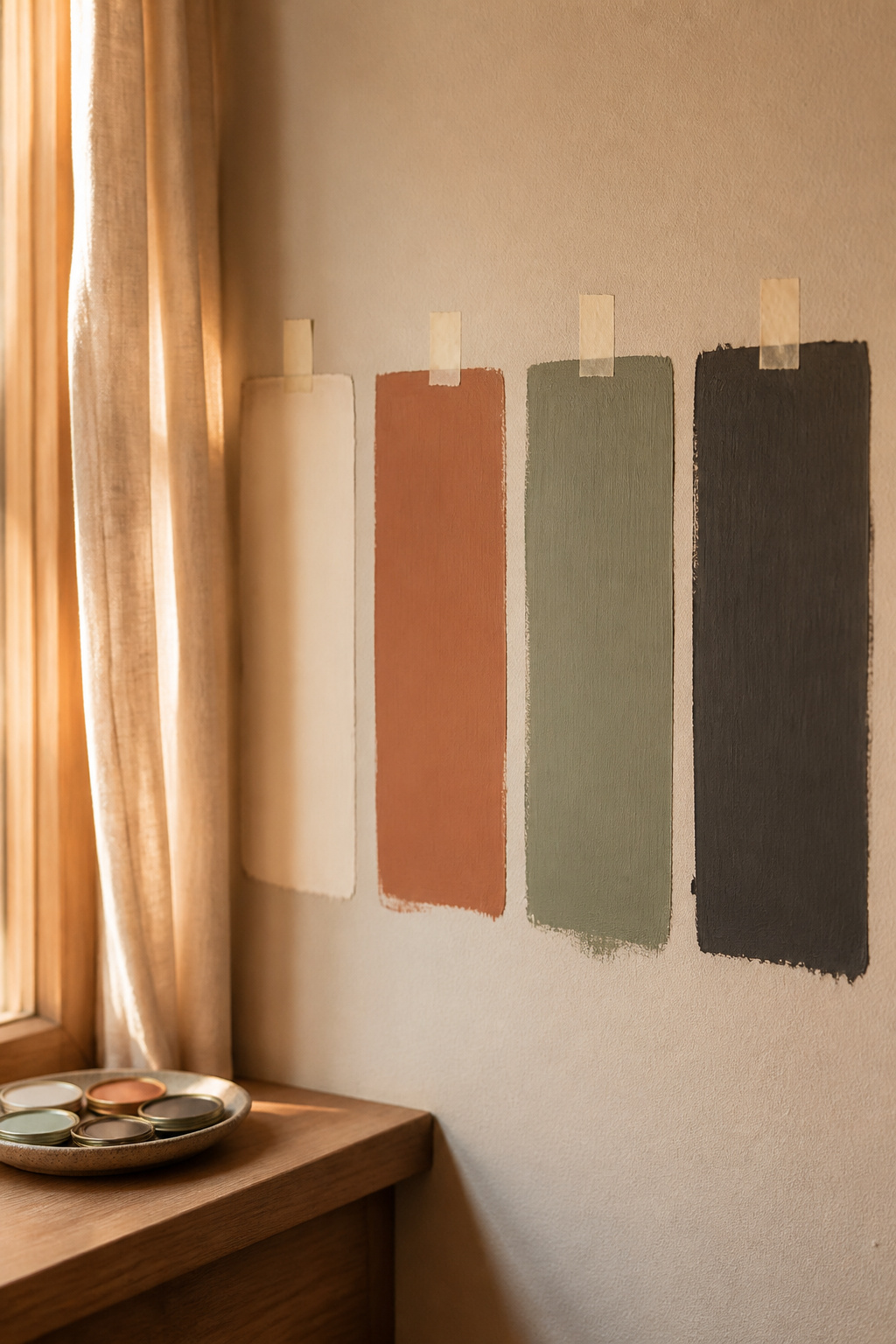 Row of warm white, terracotta, sage and charcoal paint swatches taped to an oatmeal wall in golden afternoon light