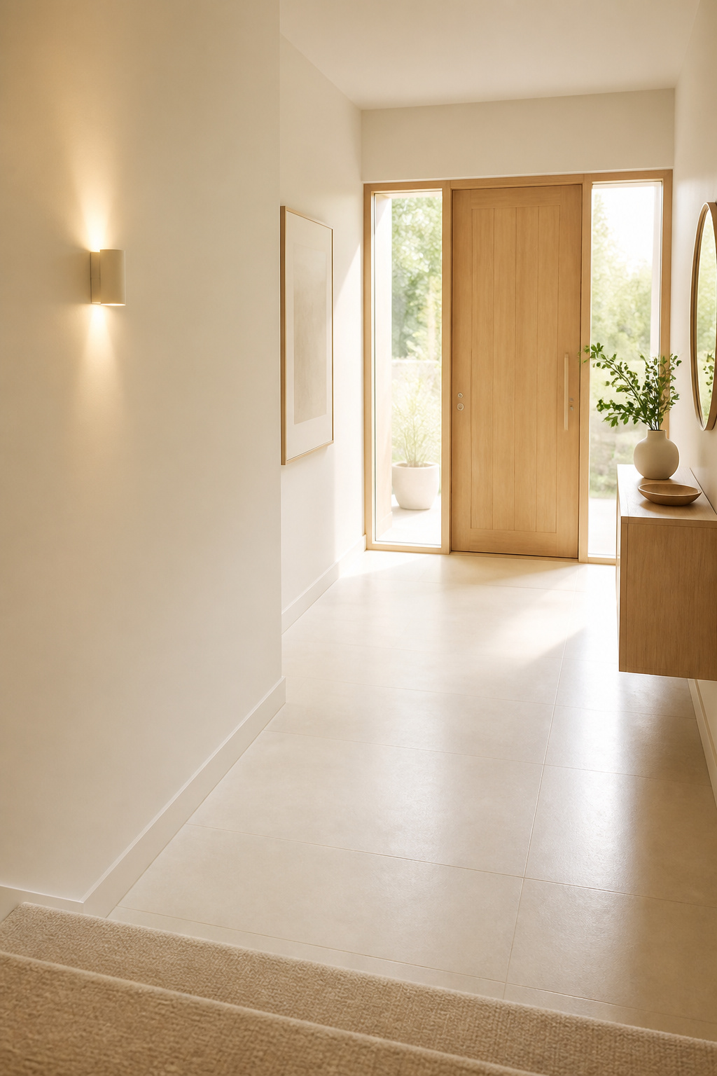Small foyer with pale cream large-format floor tile and matching wall paint creating a seamless luminous envelope