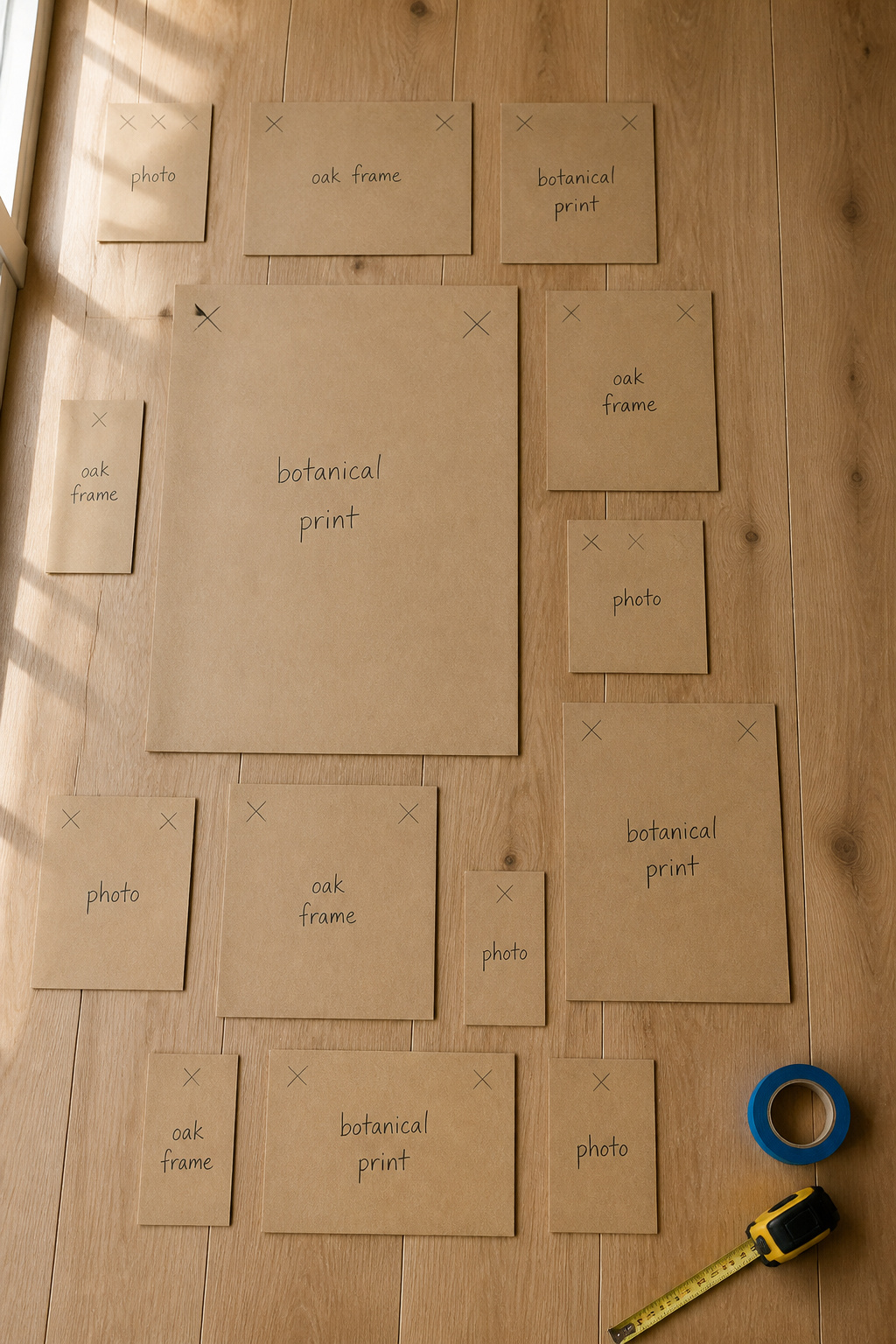 Top-down view of kraft paper templates in varying sizes arranged on a wooden floor in the gallery wall composition, each labelled and marked with hanger positions