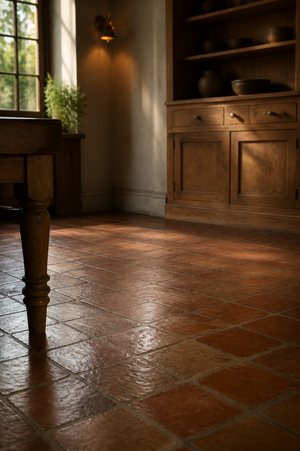Patinated terracotta kitchen floor tile with a visible worn traffic pattern and softened sheen from years of use