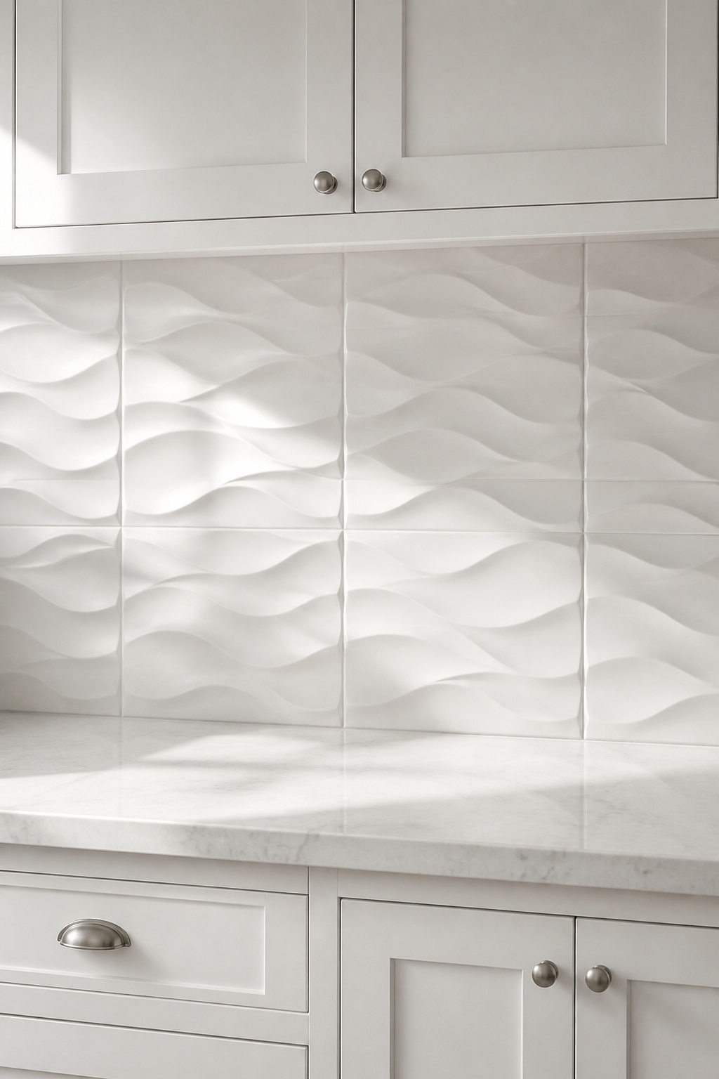 White 3D textured sculptural ceramic tile backsplash under white kitchen cabinets showing shadow and depth created by the relief surface