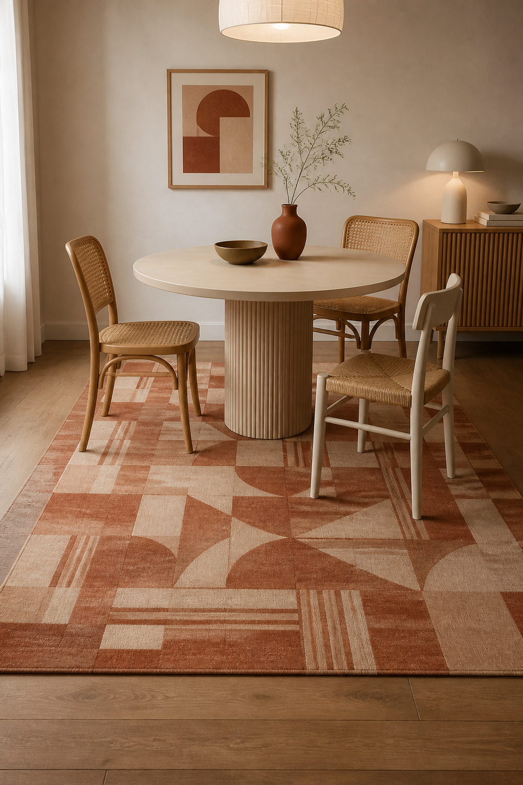 Muted geometric area rug as the pattern anchor in a small eclectic dining room, with plain linen curtains keeping the rest of the room calm