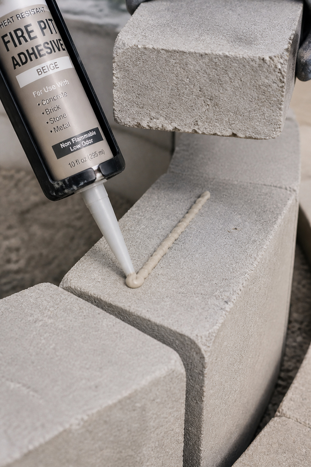 Caulk gun applying a bead of fire pit high-heat adhesive along the top of a paver block course, set back from the face edge