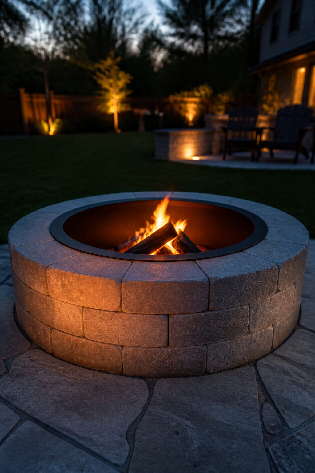 Small controlled cure fire burning in a newly built three-course paver fire pit with steel insert at dusk