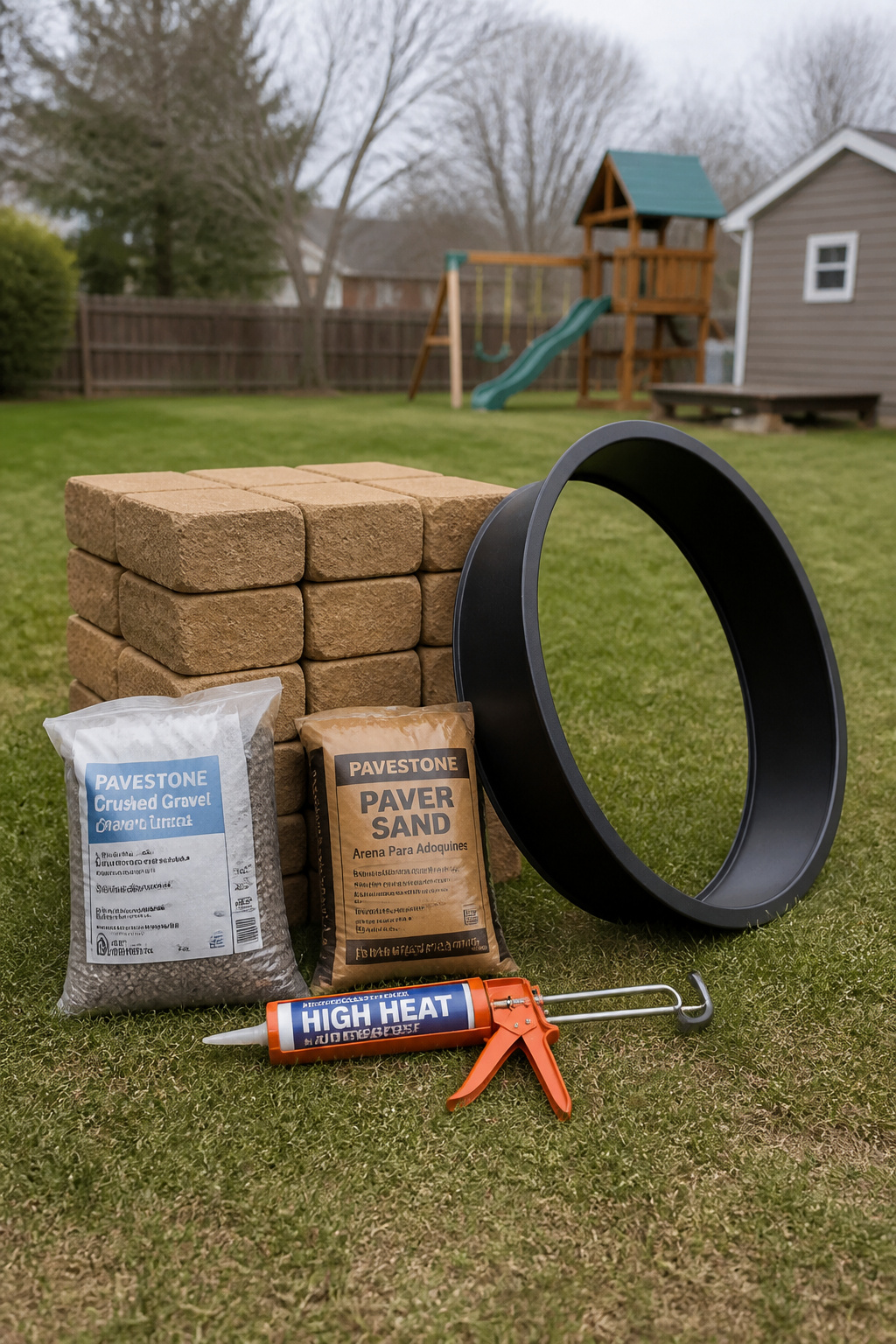 Fire pit build materials laid out on grass — paver blocks, gravel bag, paver sand, adhesive caulk gun, and steel fire ring insert