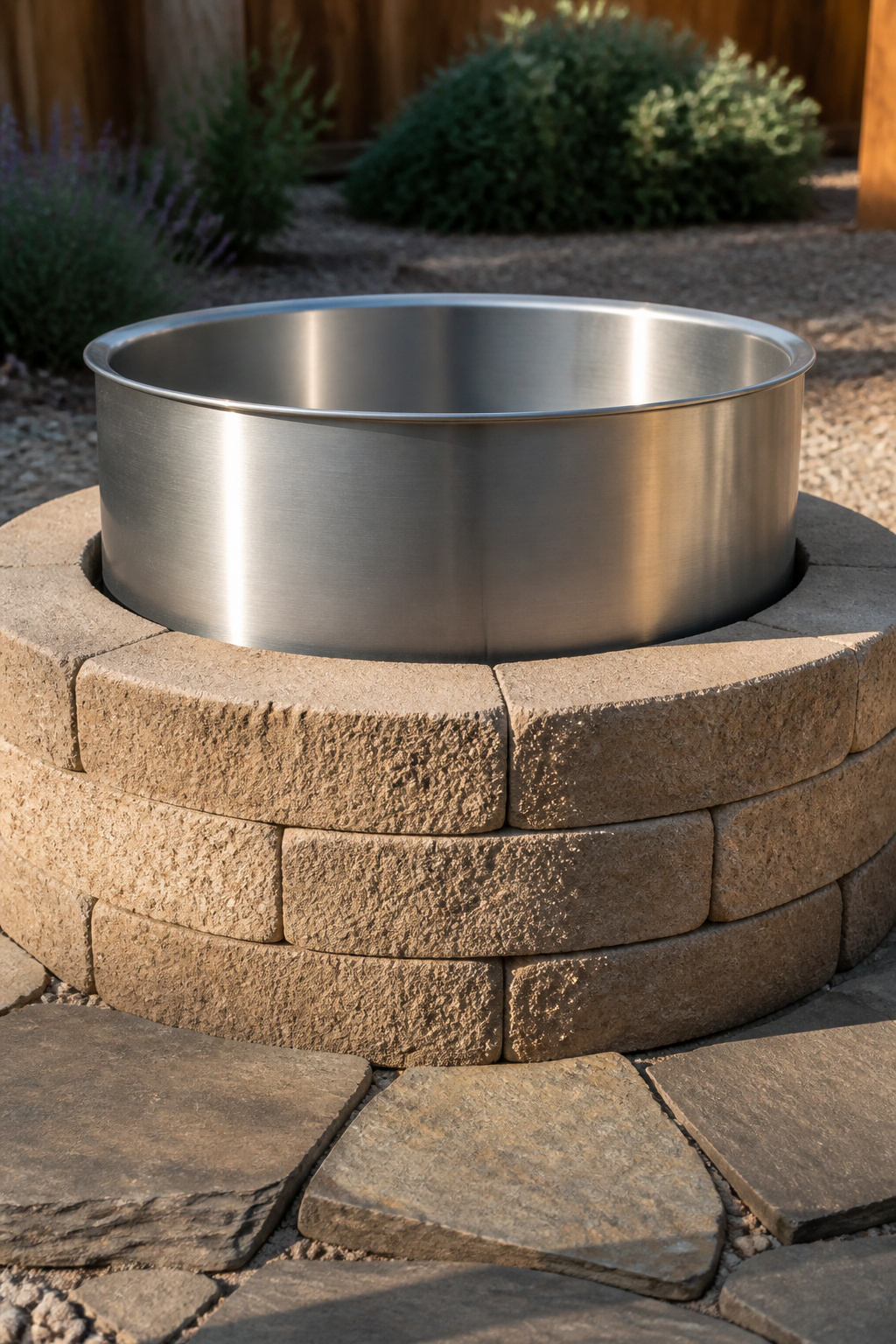 Brushed steel fire ring insert positioned inside a three-course concrete paver fire pit ring, showing clearance gap and flagstone apron