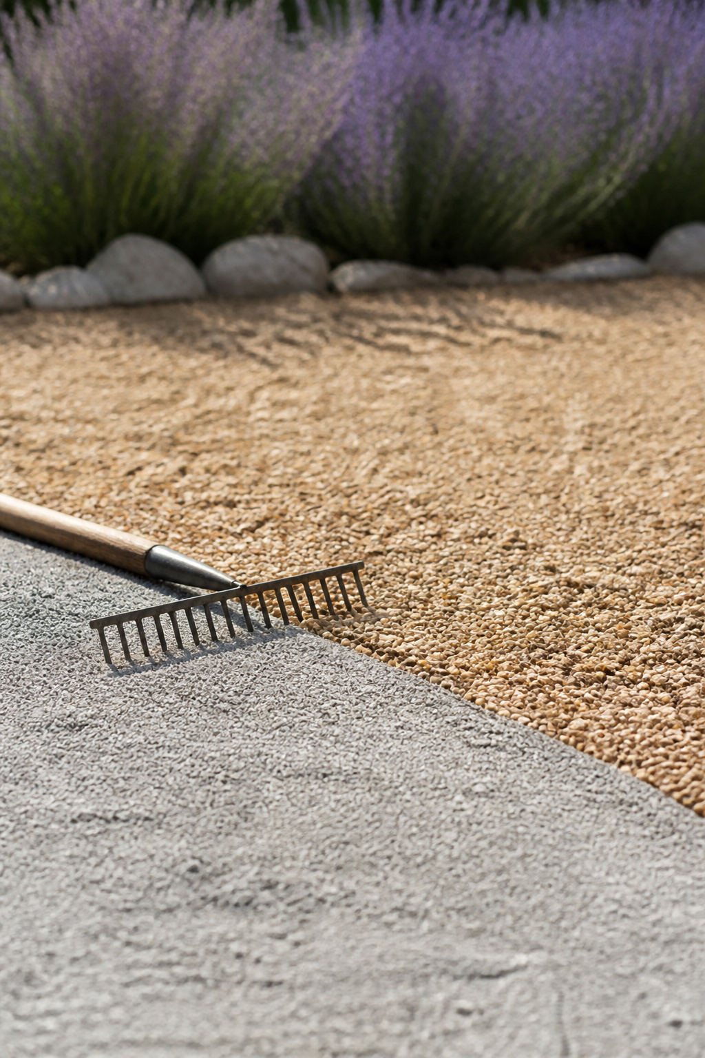 Buff pea gravel beside silvery decomposed granite showing the size and color difference between the two materials