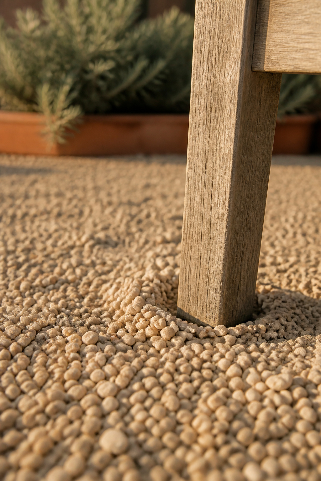 Weathered teak chair leg sunk slightly into a bed of loose buff pea gravel