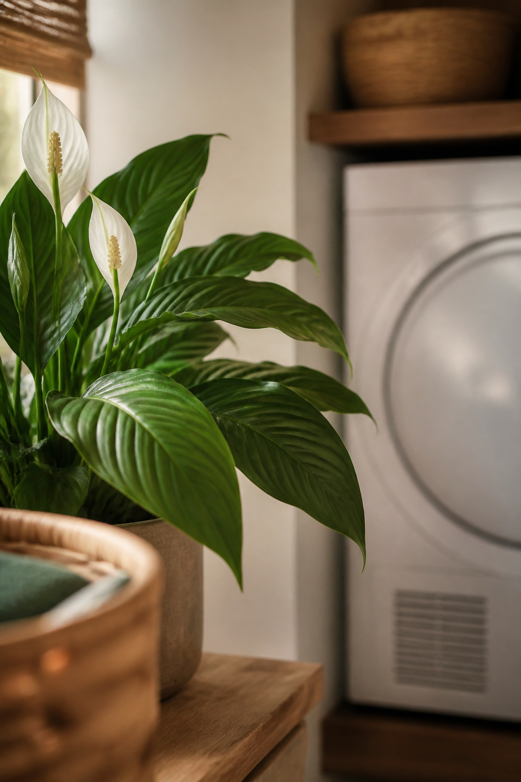 Peace lily with clean glossy leaves positioned away from a laundry room dryer vent