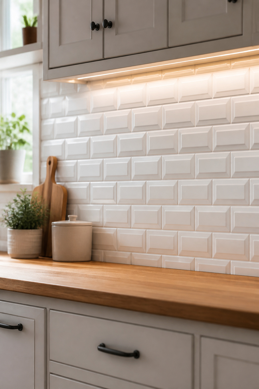 White peel-and-stick 3D subway tile backsplash installed between kitchen cabinets with visible raised grout lines
