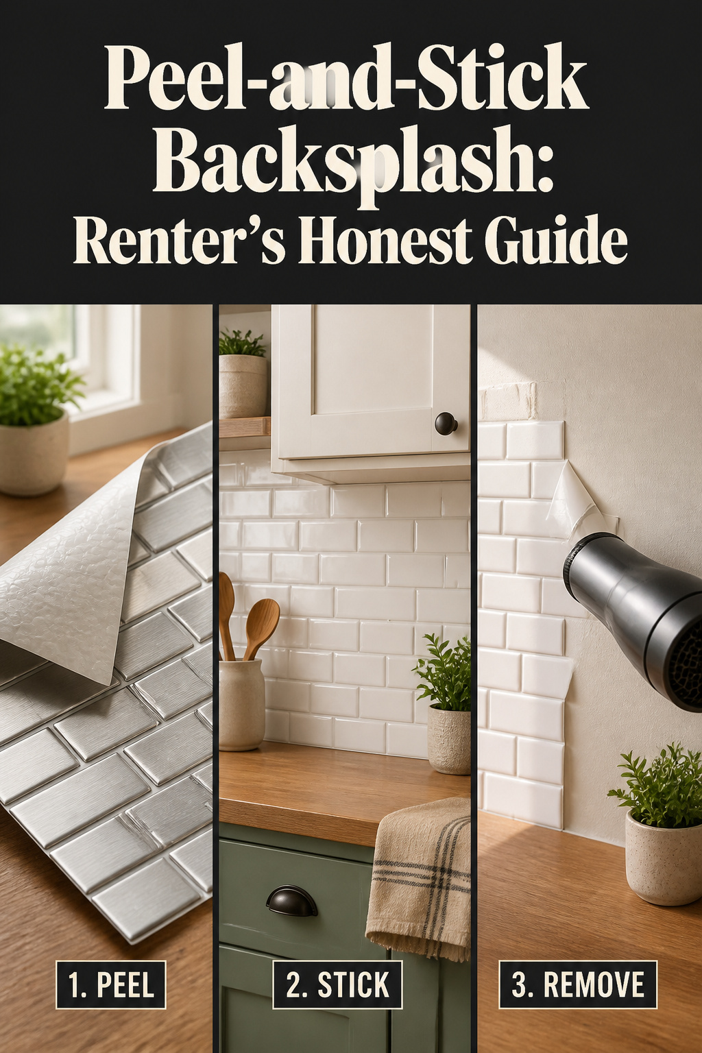 Three-panel Pinterest pin showing peel-and-stick backsplash installation, finished look, and hairdryer removal method