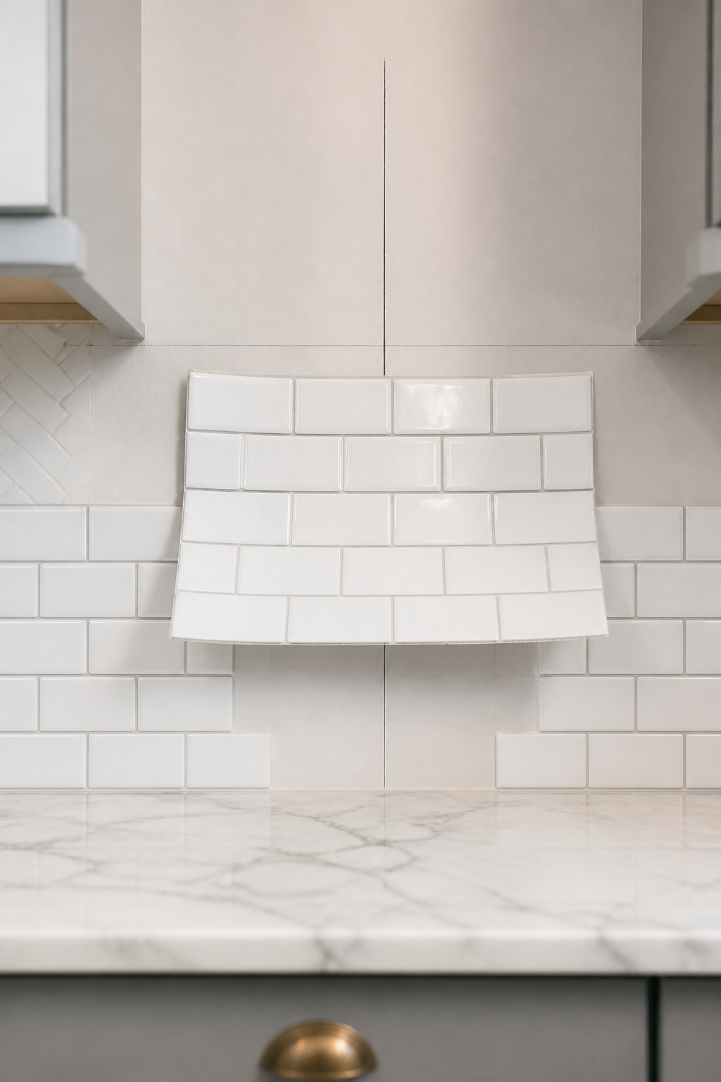 White peel-and-stick subway tile being installed from the center of a kitchen wall outward, showing the center-start method