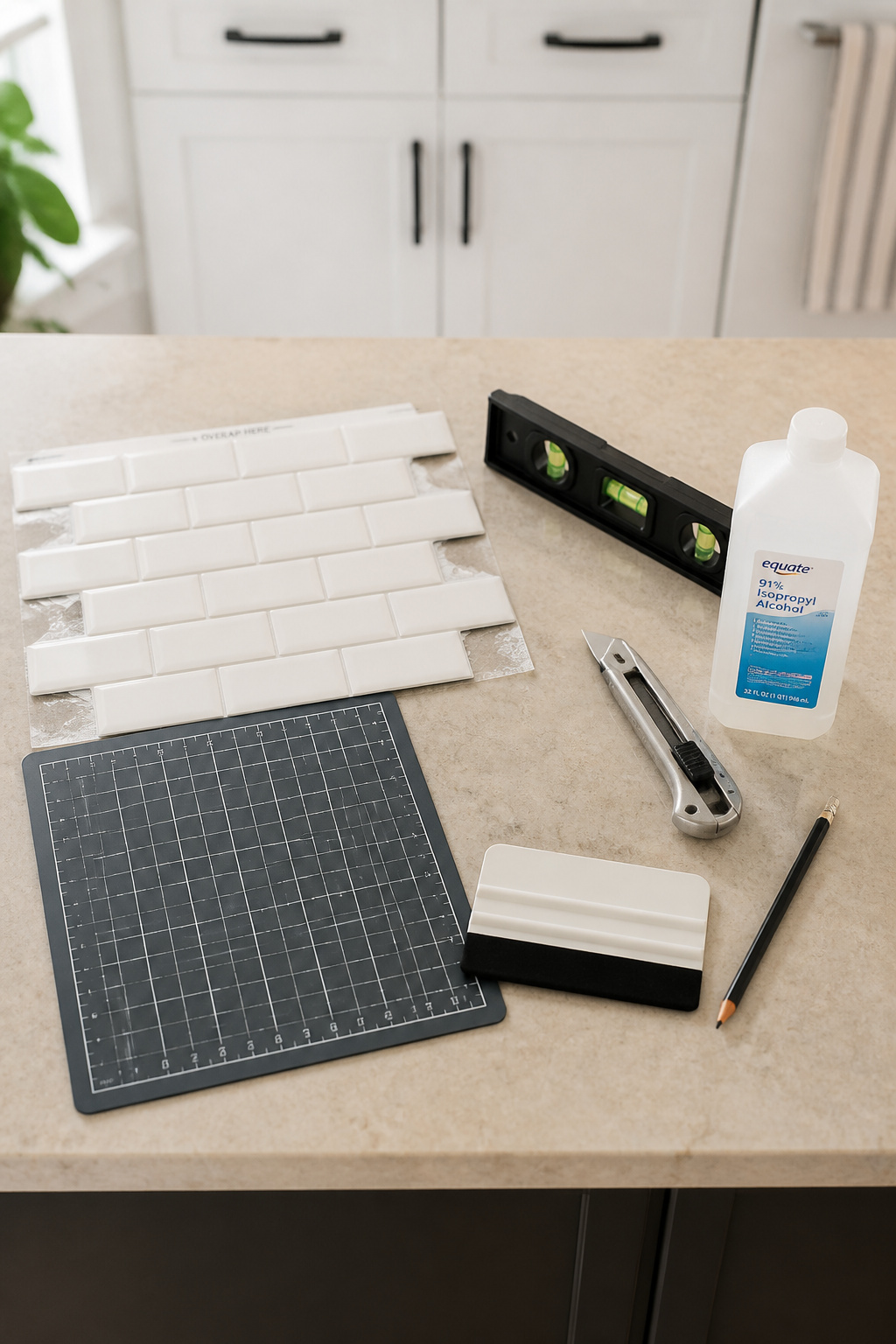 Peel-and-stick backsplash installation tools laid out on a kitchen counter: tile sheet, level, utility knife, squeegee, cutting mat, and isopropyl alcohol
