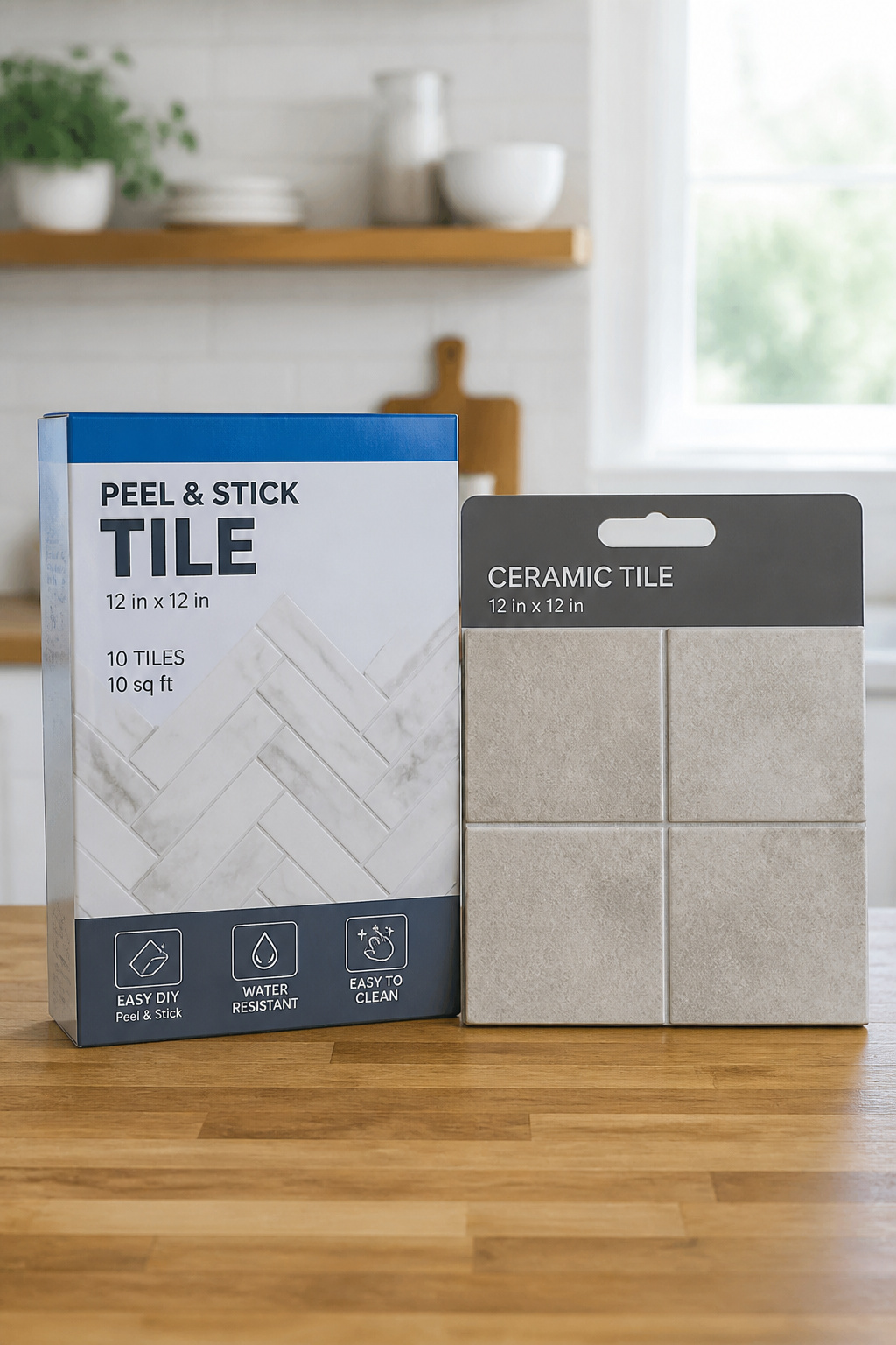 Peel-and-stick tile pack next to a ceramic tile sample showing the cost and material difference