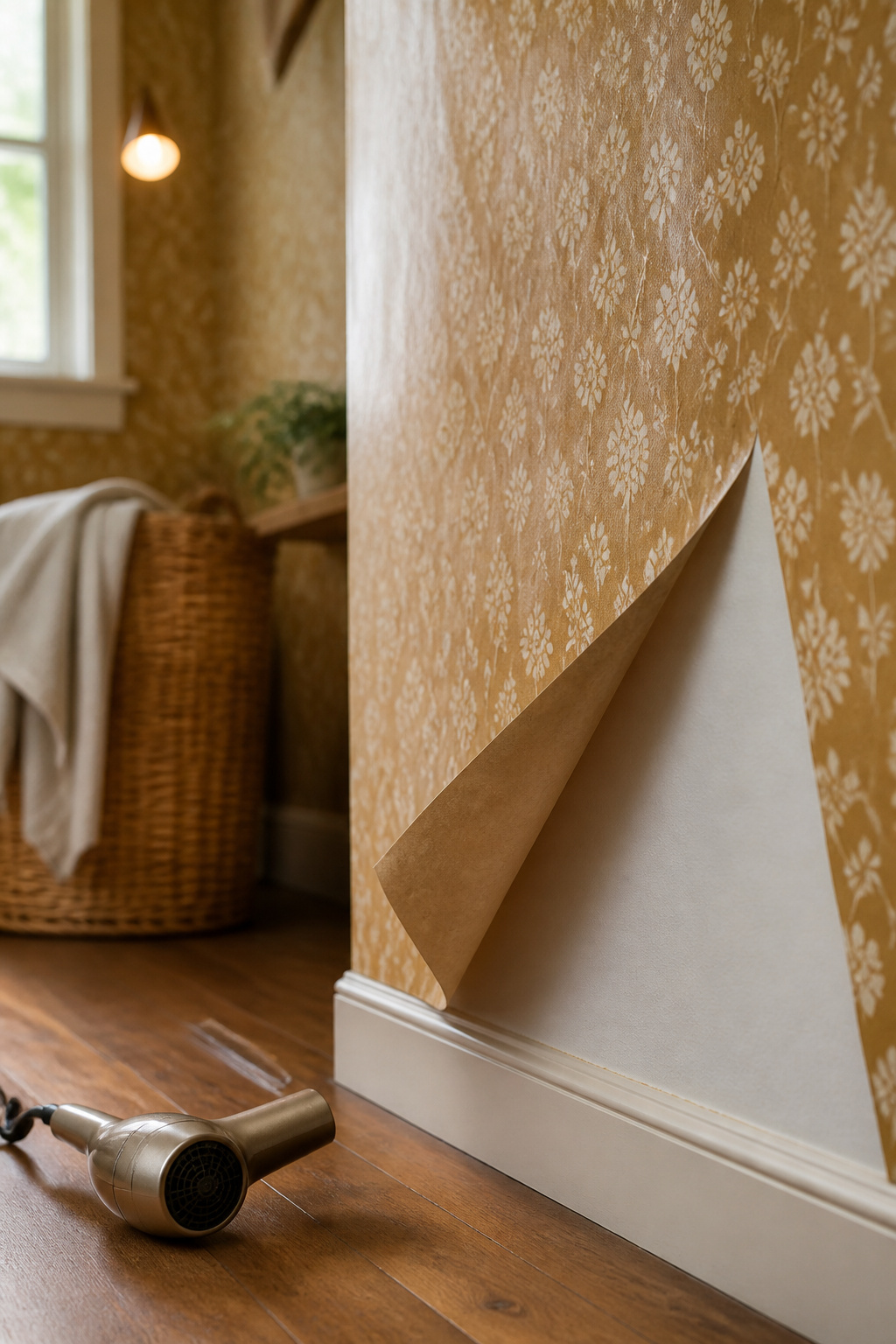 Corner of peel-and-stick wallpaper lifted cleanly away from a painted laundry room wall with no damage