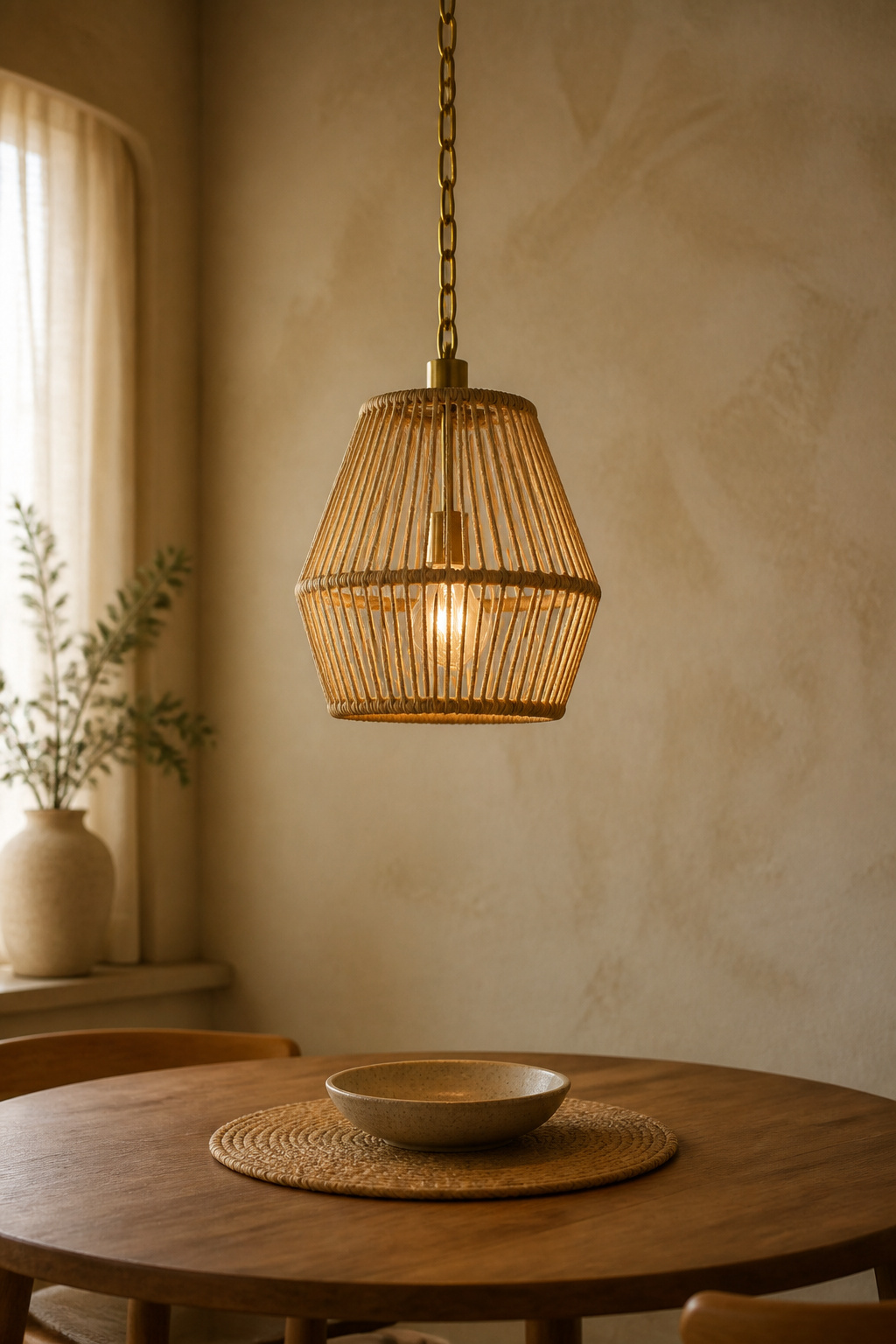 Small open-frame woven pendant hung at a measured clearance above a round dining table in a low-ceilinged room