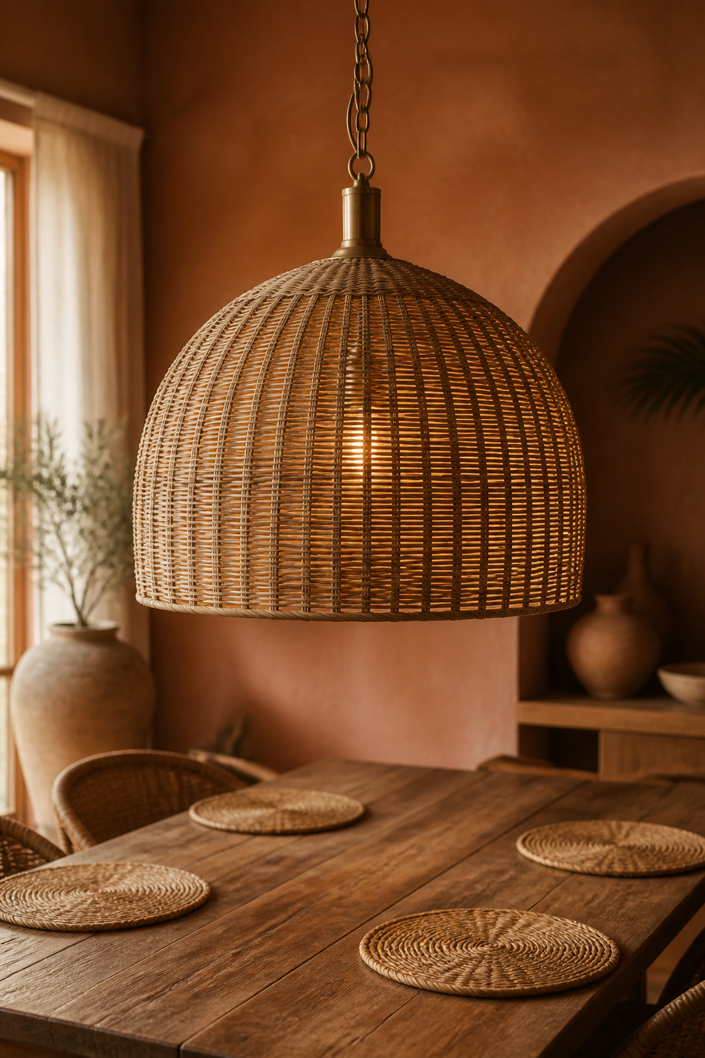 Rattan dome pendant sized to two-thirds the width of the wood dining table beneath it