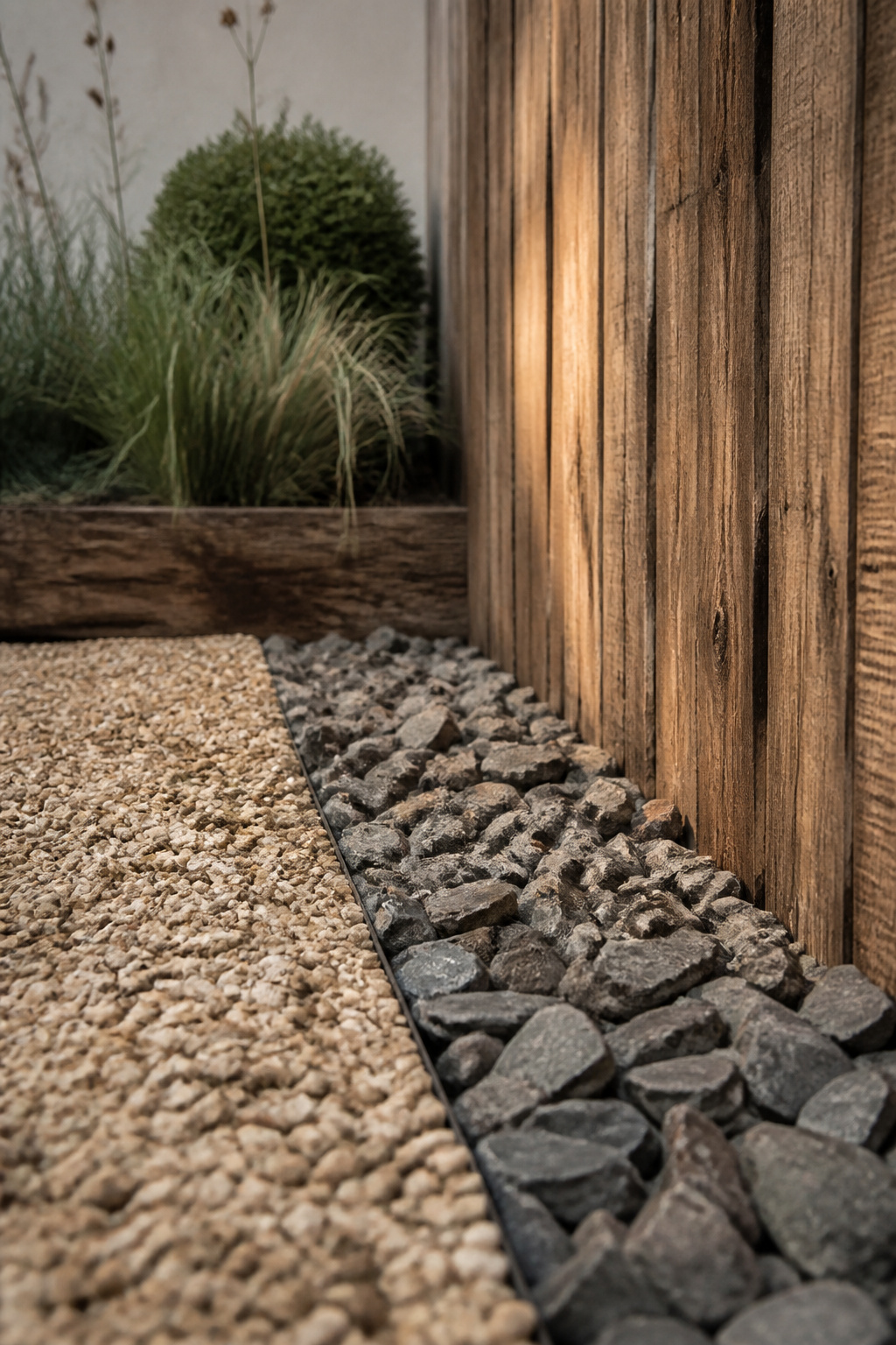 Shallow crushed-stone drainage trench running along a fence line beside a buff gravel patio