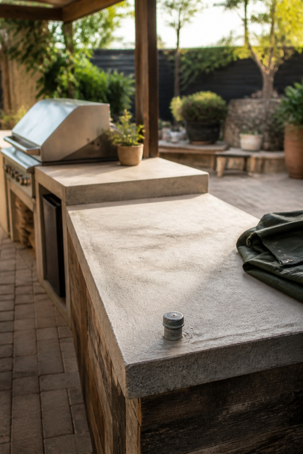 Phase-one outdoor kitchen counter and grill built on an oversized concrete slab with a capped utility stub-out for a future addition