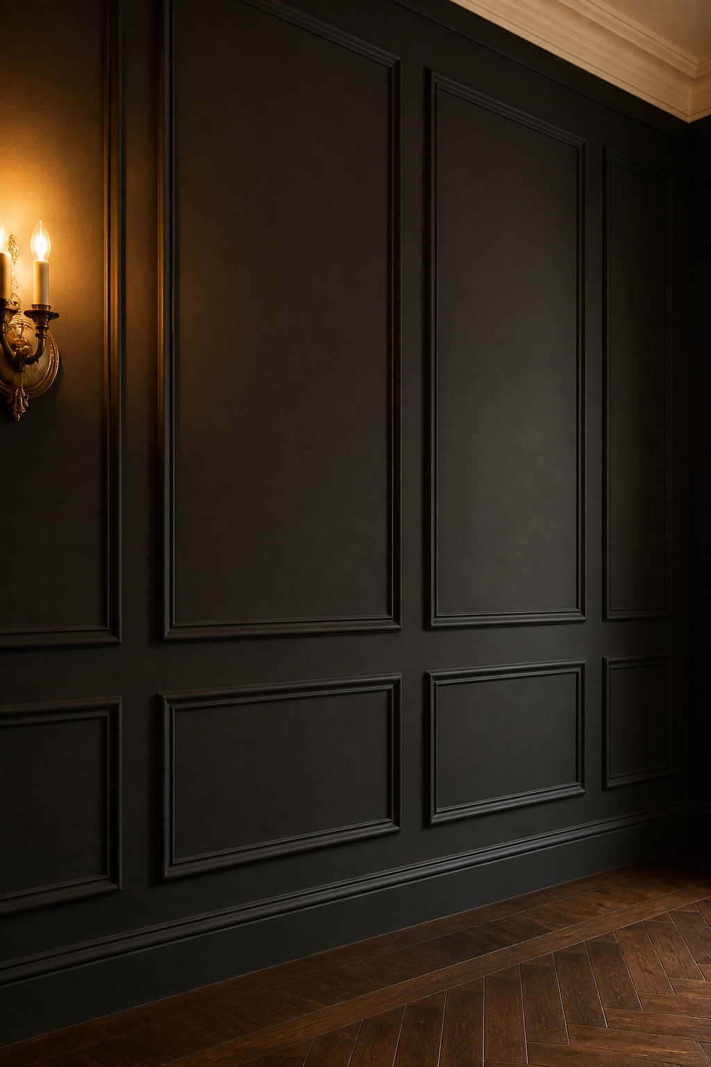 Picture-frame panel molding painted in same dark charcoal as wall, shadow lines visible in raking sconce light, equal spacing throughout