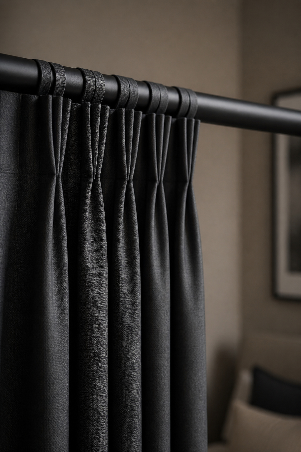 Triple pinch pleat curtain heading gathered tightly against a curtain rod with minimal light gap