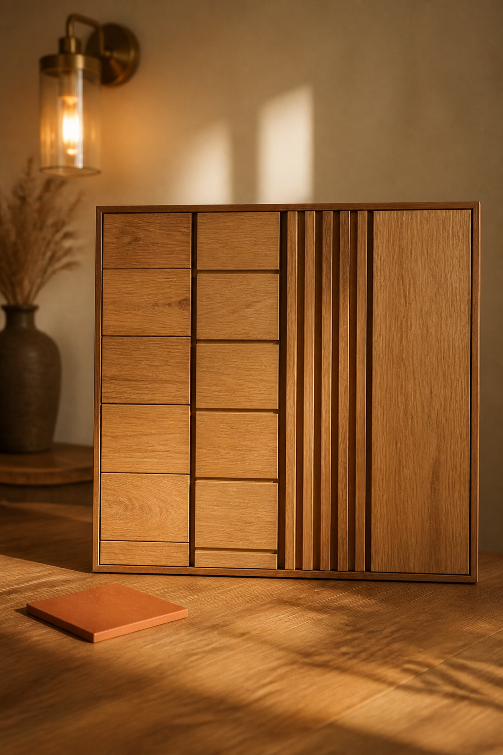 Four wood wall style samples - horizontal plank, shiplap, spaced slat and flat panel - shown side by side in honey oak tones