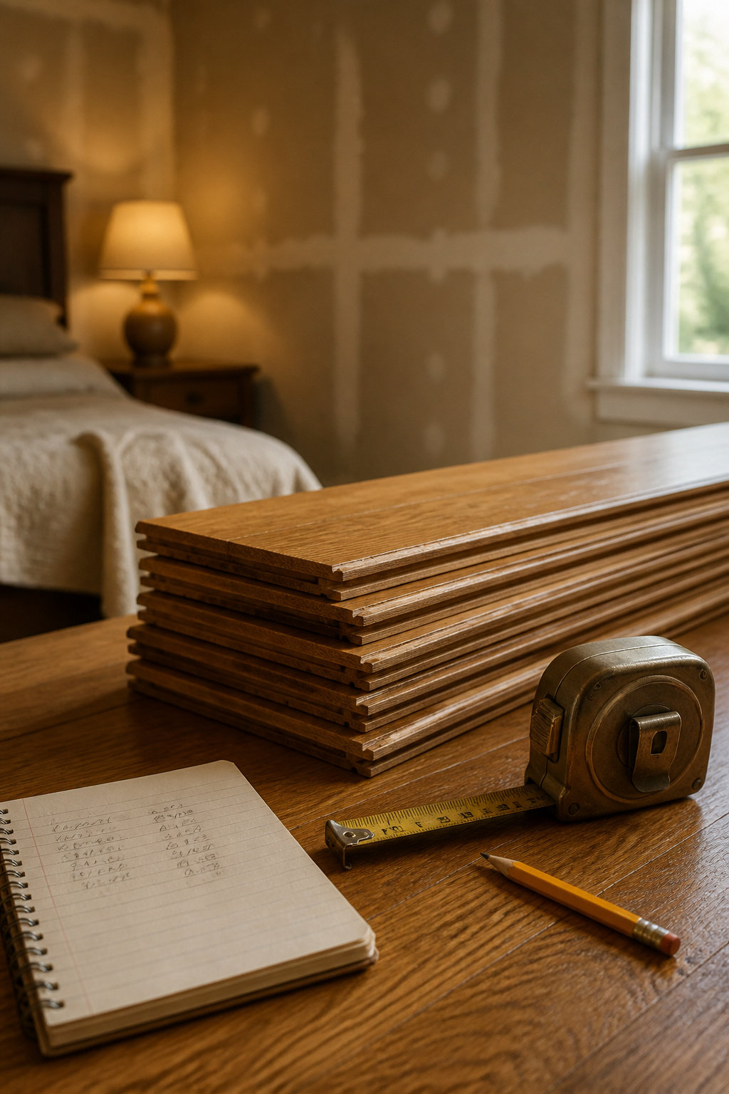 Stack of honey oak plank boards with a tape measure and pencil, laid out for a bedroom accent wall budget