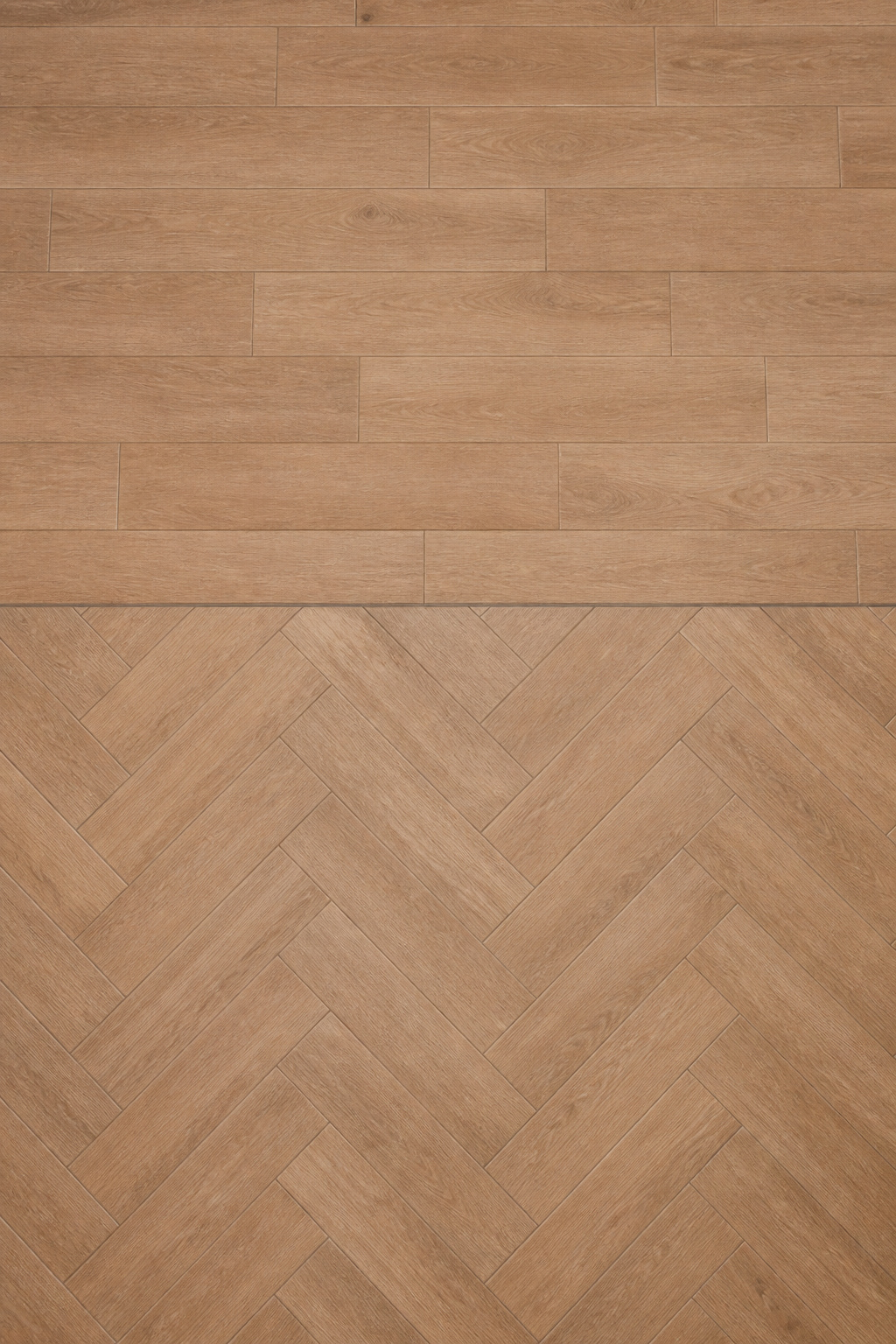 Overhead comparison of 6×36 wood-look porcelain planks in 33% offset running bond (top) and herringbone (bottom)