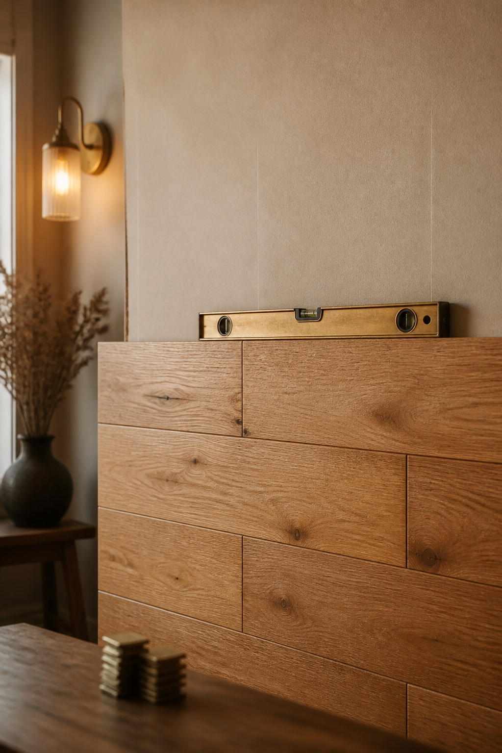 Wood plank accent wall installed halfway up the wall, with a level resting on the top row and faint stud chalk lines visible above