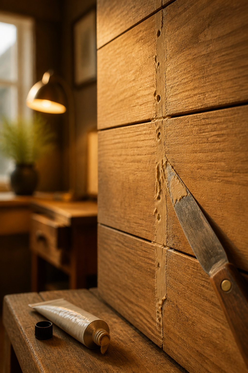 Wood filler smoothed into a nail hole along a plank wall seam, with a putty knife resting nearby