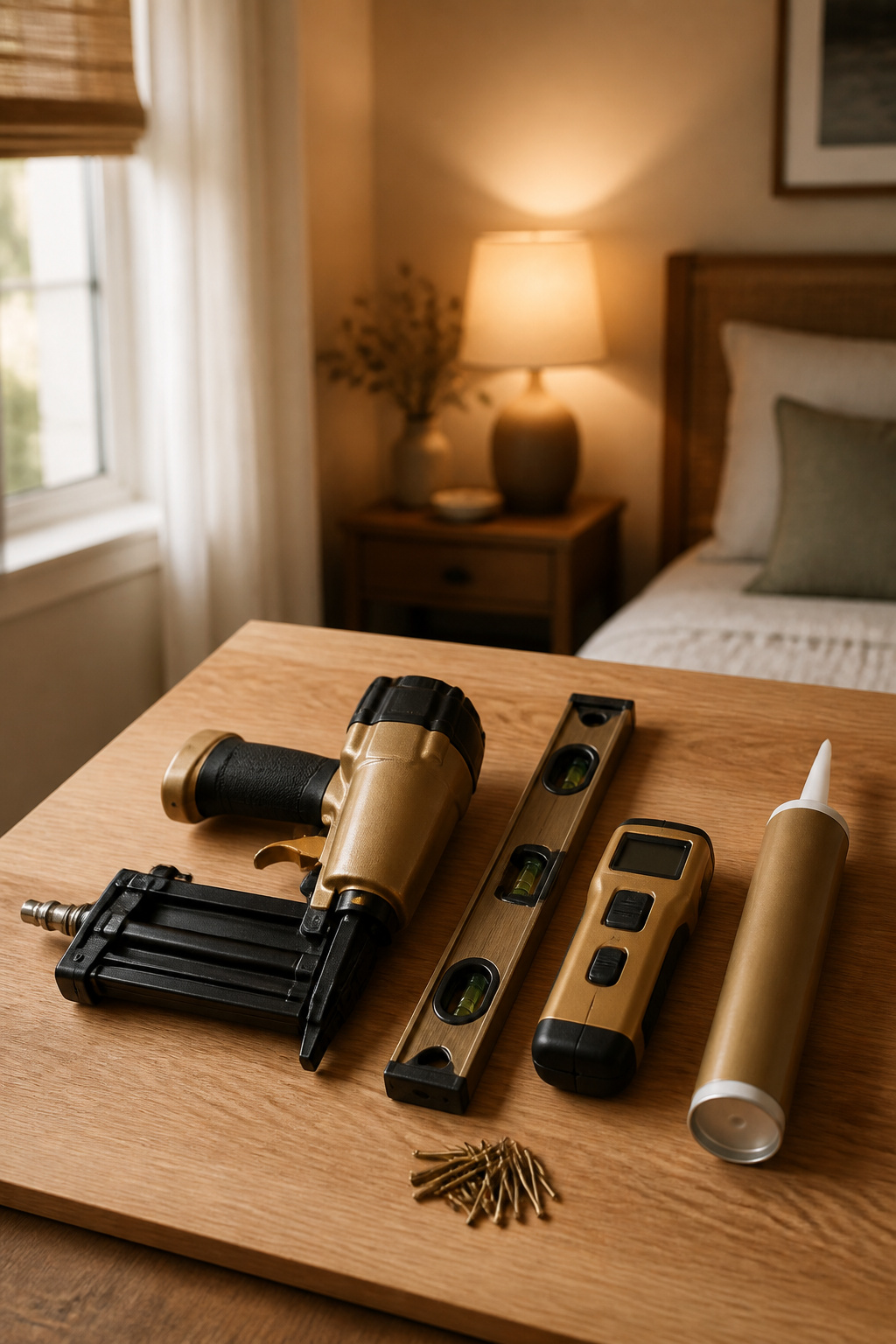 Stud finder, torpedo level, brad nailer and construction adhesive arranged on a wood plank for a bedroom accent wall build