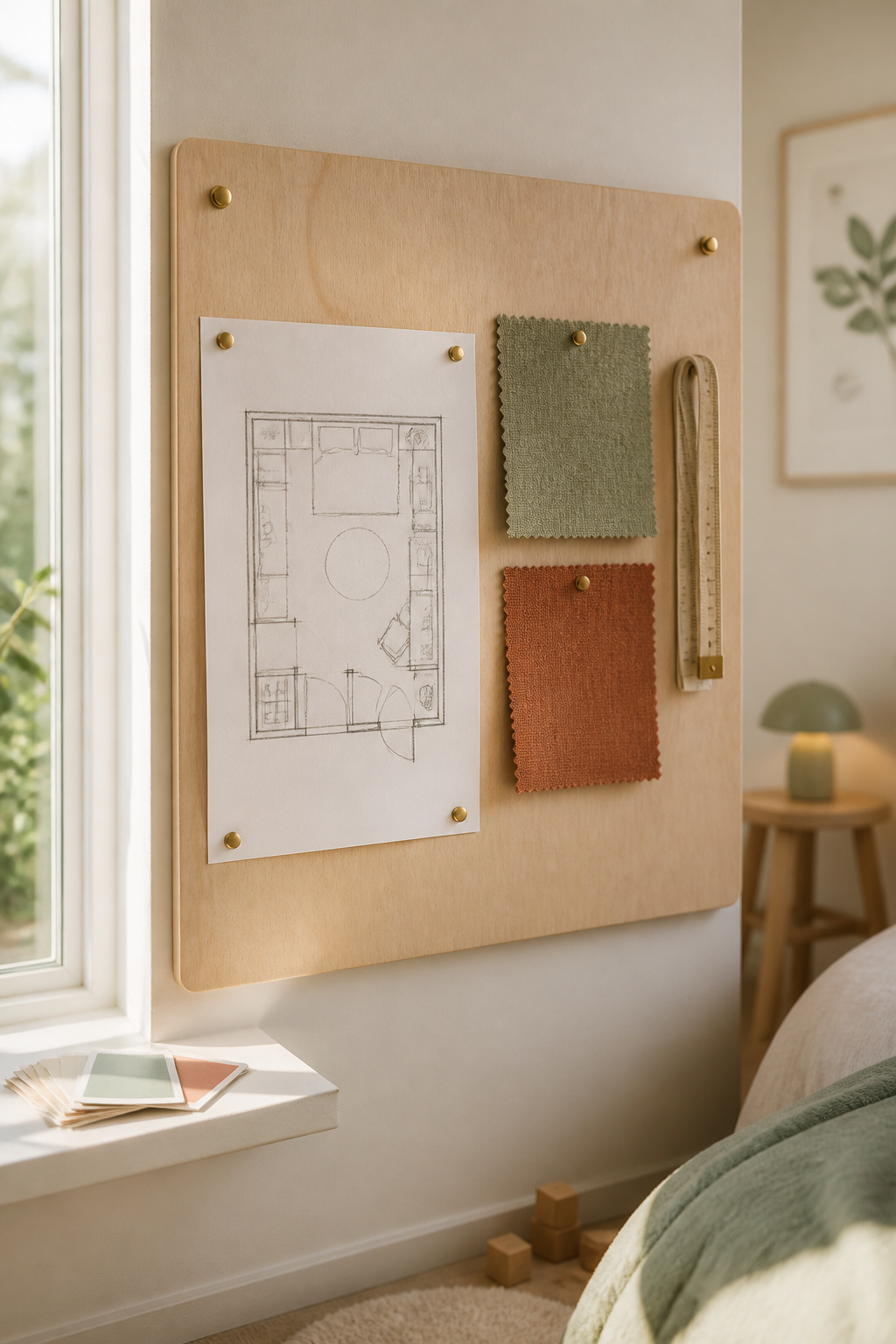 Corkboard holding a pencil-sketched bedroom floor plan, sage-green and terracotta fabric swatches, and a tape measure