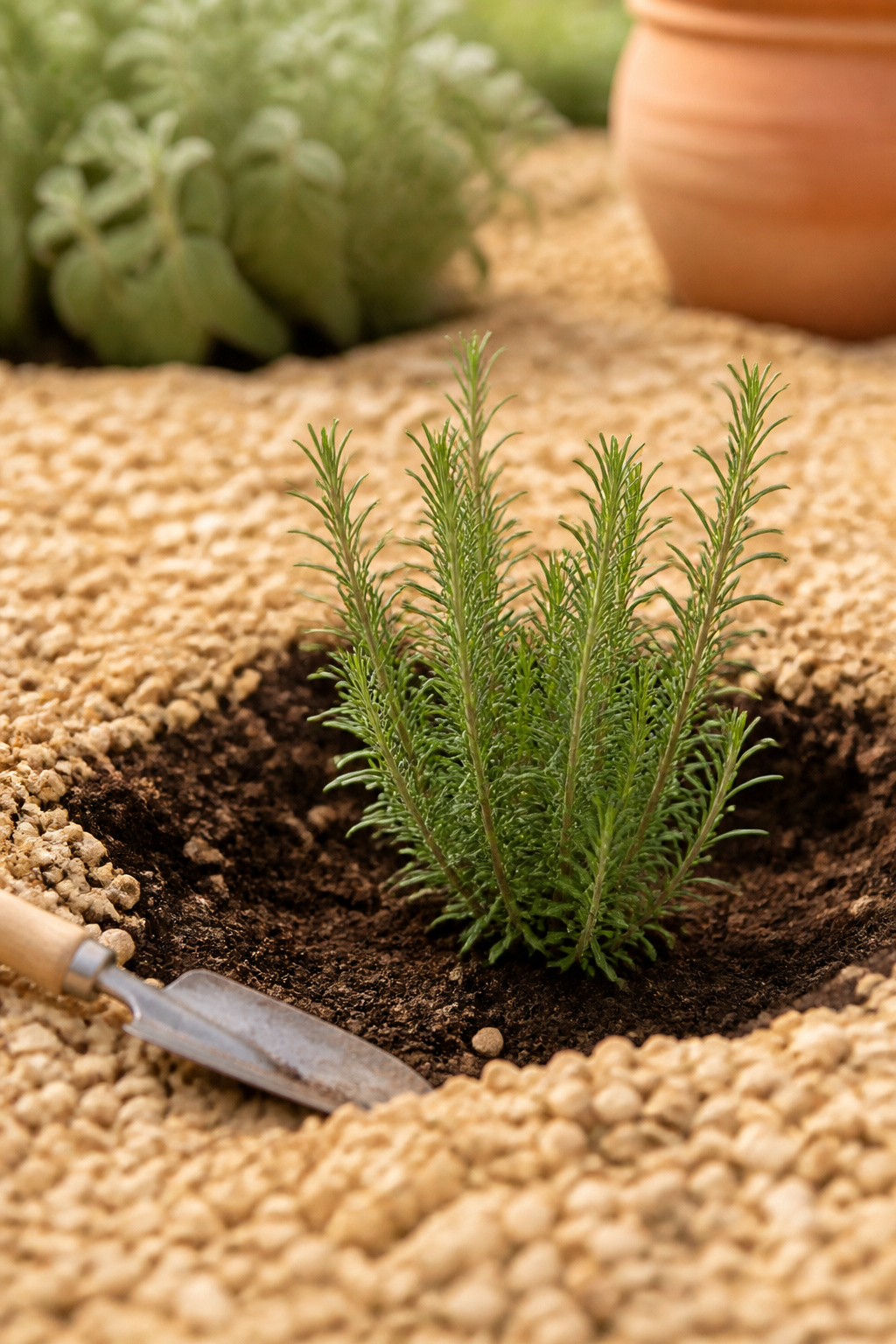 A young rosemary plant set into a shallow pocket dug through buff pea gravel down to the soil beneath
