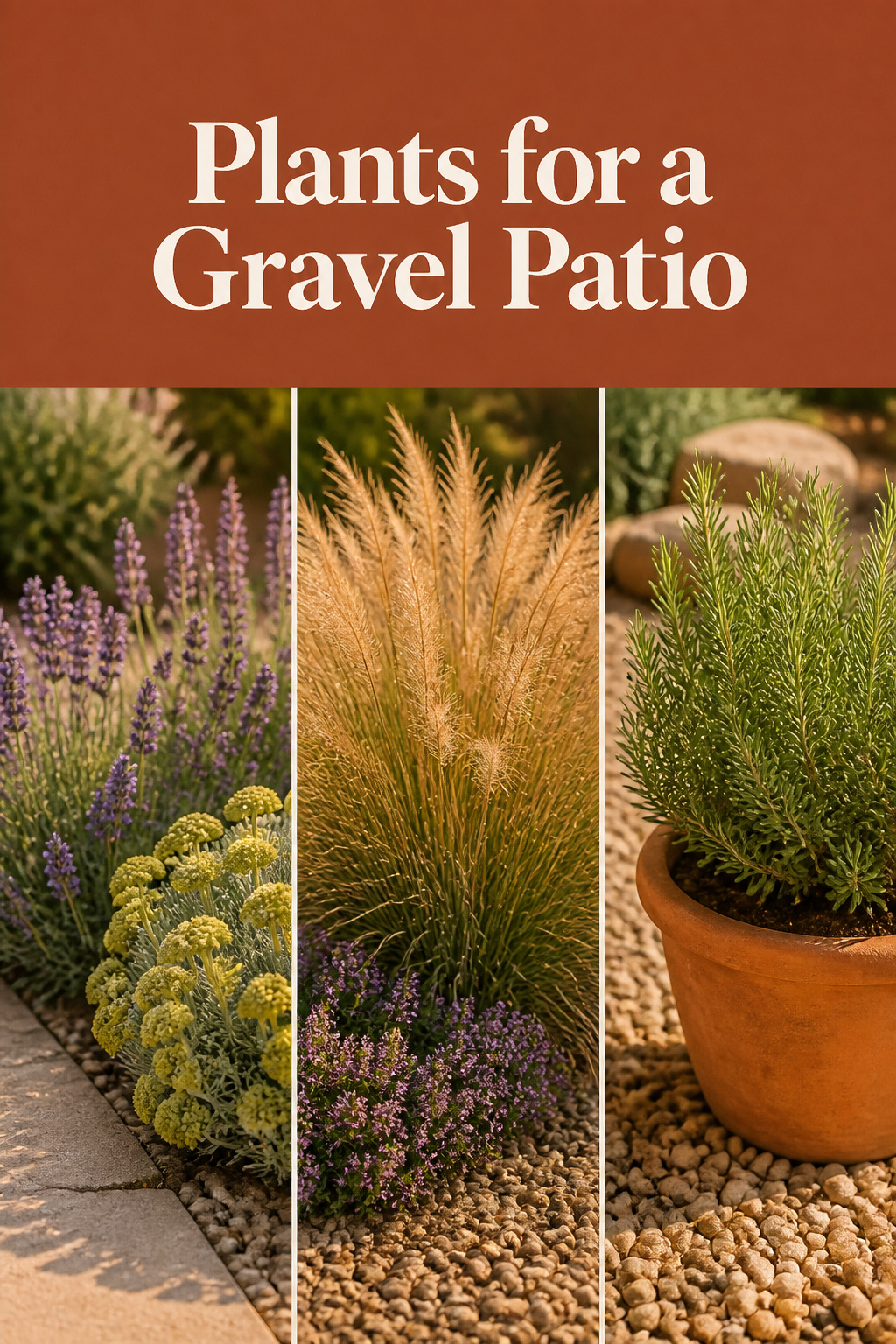 Three-panel collage of lavender, ornamental grass with creeping thyme, and potted rosemary on a gravel patio