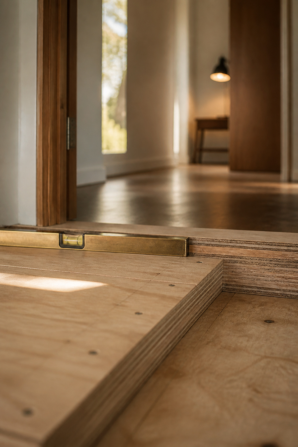 Layered plywood subfloor built up to match the height of an adjoining doorway threshold