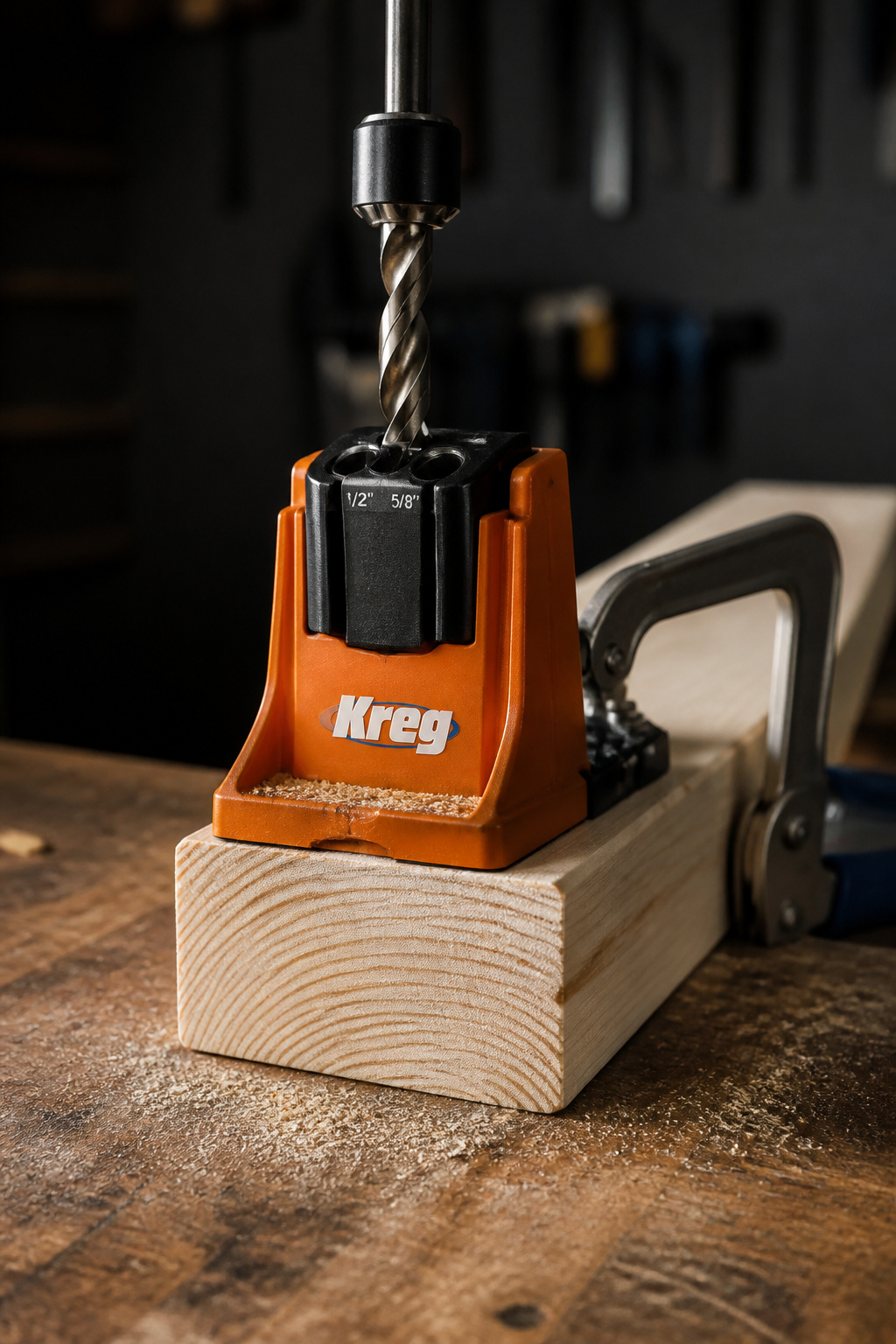A Kreg pocket-hole jig clamped to a pine 2x4 board on a workbench, set up to drill an angled pocket hole in the board end