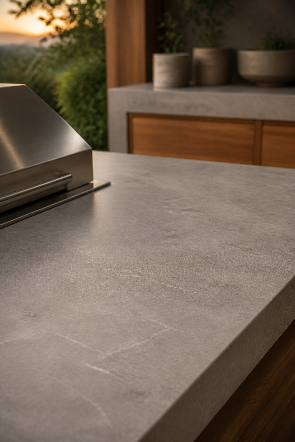 Large-format porcelain slab outdoor kitchen countertop beside a stainless steel built-in grill