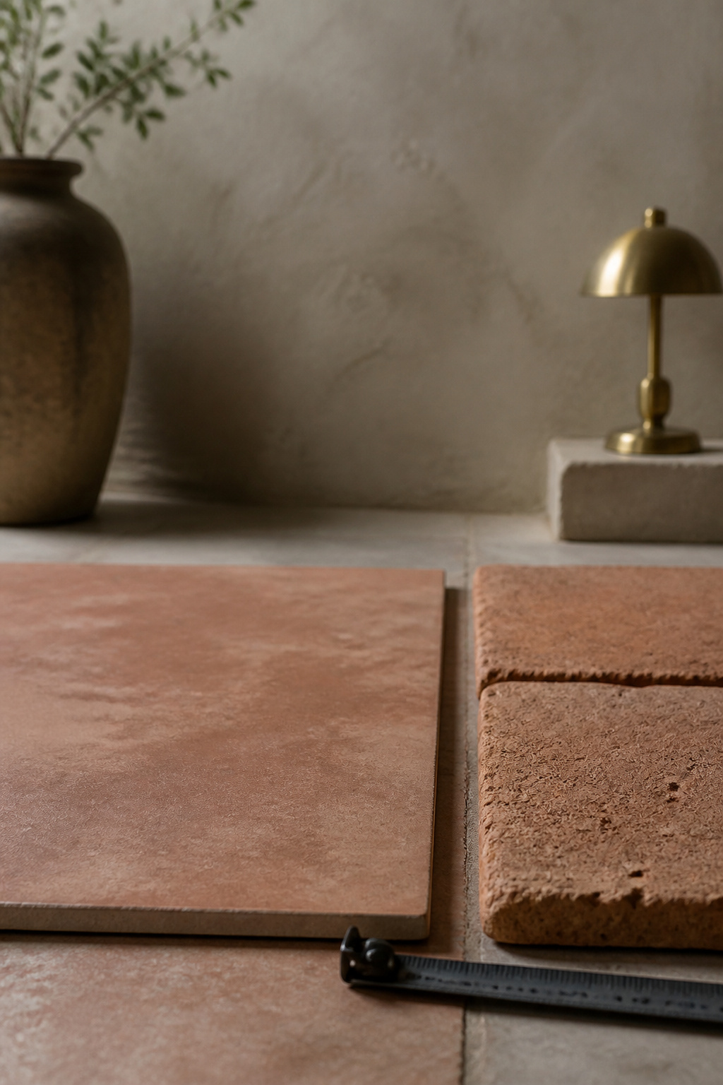 Terracotta-look porcelain floor tile with a uniform burnt-sienna surface print shown beside a real handmade terracotta tile for texture comparison