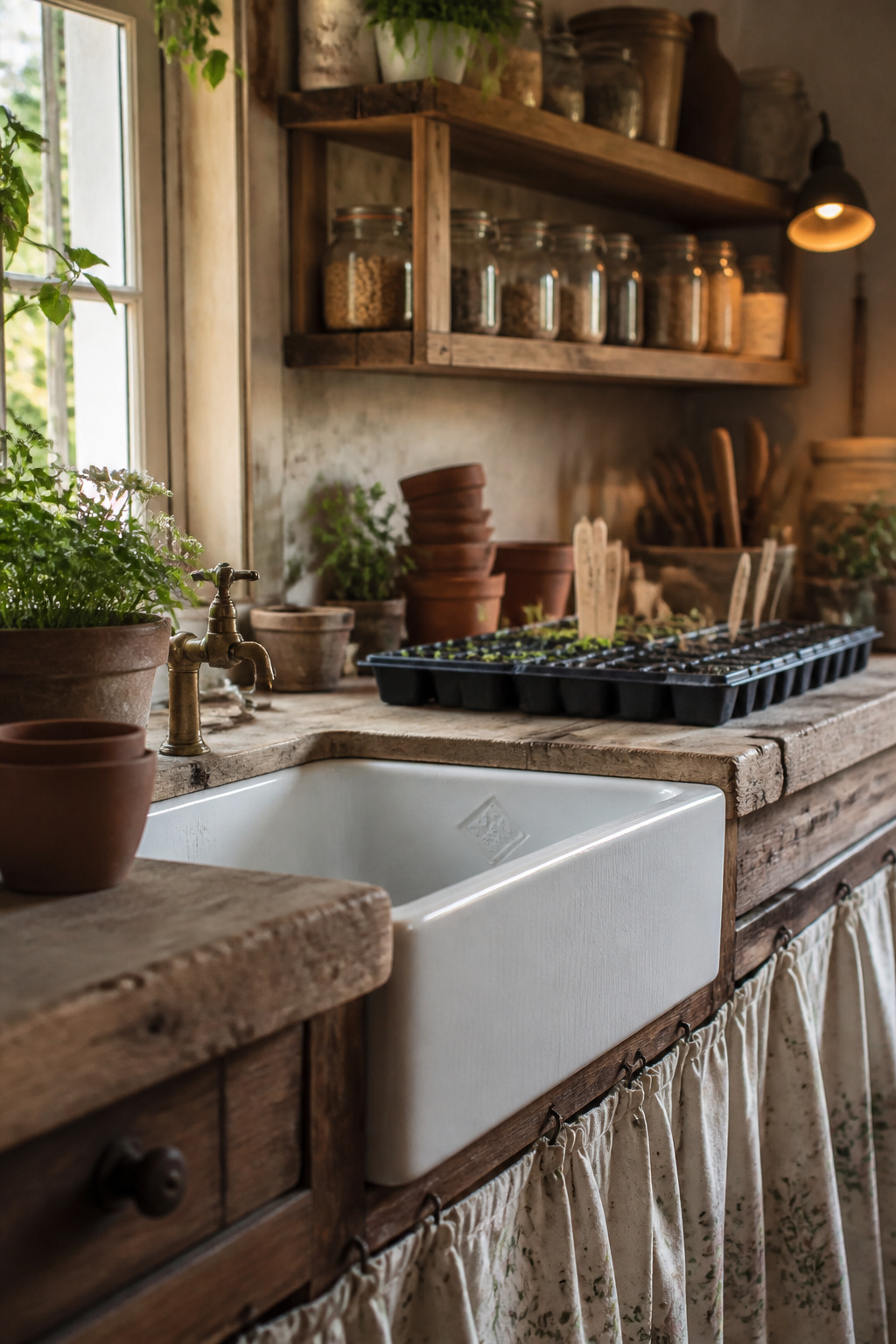 A timber potting bench with a white cast-iron Belfast sink set at 34 inches, terracotta seed trays on the surface, and open shelves with glass seed jars above