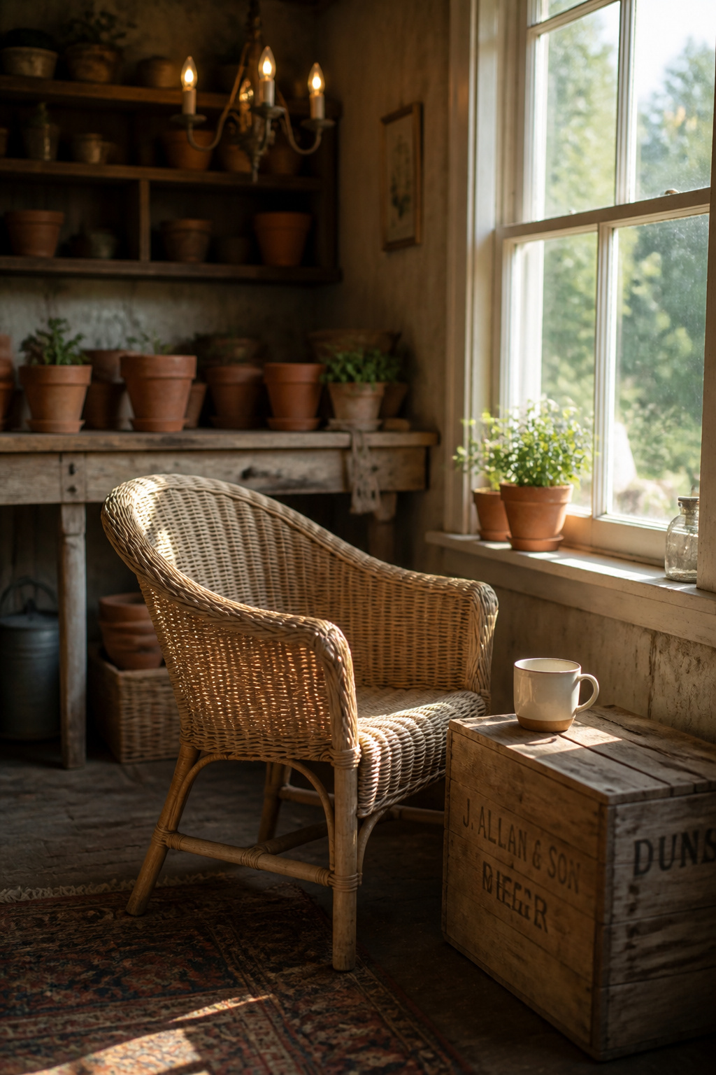 A small wicker chair in the corner of a potting shed with a ceramic mug on a salvaged crate beside it, morning light through a sash window falling across the seat